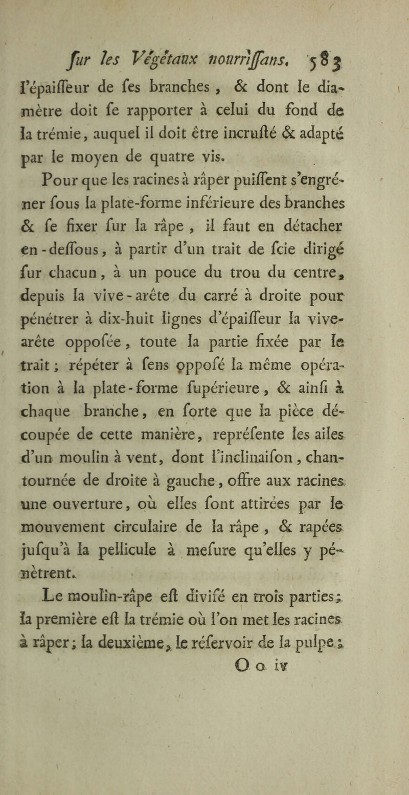 l'épaifleur de fes branches, & dont le dia- mètre doit fe rapporter à celui du fond de la trémie, auquel il doit être incrufté & adapté par le moyen de quatre vis. Pour que les racines à râper puiffent s ’engré- ner fous la plate-forme inférieure des branches & fe fixer [ur la râpe , il faut en détacher en-deflous, à partir d’un trait de fcie dirigé fur chacun, à un pouce du trou du centre, depuis la vive-arête du carré à droite pour pénétrer à dix-huit lignes d’épaifleur la vive- arête oppofée, toute la partie fixée par Île trait ; répéter à fens oppofé la même opéra- tion à la plate-forme fupérieure, & ainfi à chaque branche, en forte que Fa pièce dé- coupée de cette manière, repréfente les ailes d’un moulin à vent, dont l’inclinaifon , chan- tournée de droite à gauche, offre aux racines. une ouverture, où elles font attirées par le mouvement circulaire de fa râpe, & rapéee jufqu’à la pellicule à mefure qu ‘elles y pé- nètrent. Le moulin-räpe eft divifé en trois parties; la premiere eft [a trémie où l’on met les racines à râper ; la deuxième, le réfervoir de Ia pulpe: