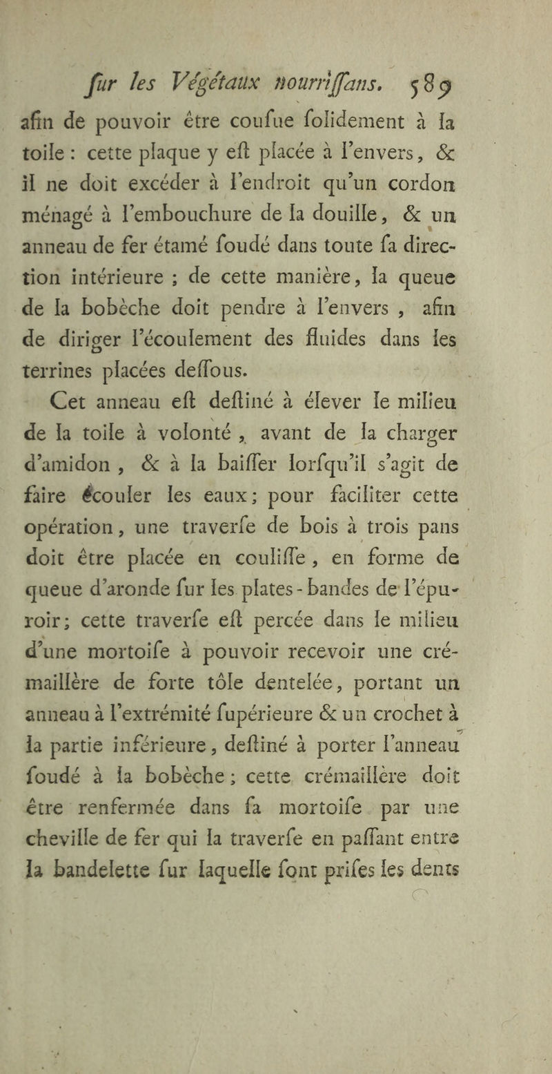 afin de pouvoir être coufue folidement à [a toile : cette plaque y eft placée à l'envers, &amp; il ne doit excéder à l'endroit qu’un cordon ménagé à l'embouchure de [a douille, &amp; un anneau de fer étamé foudé dans toute fa direc- tion intérieure ; de cette manière, la queue de la bobèche doit pendre à l’envers , afin de diriger l'écoulement des fluides dans les terrines placées deflous. Cet anneau eft deftiné à élever le milieu de la toile à volonté, avant de la charger d’amidon , &amp; à la baifler lorfqu’il s’agit de faire écouler les eaux; pour faciliter cette opération, une traverfe de bois à trois pans doit être placée en coulifle, en forme de queue d’aronde fur les plates - bandes de l’épu- roir; cette traverfe eft percée dans le milieu d’une mortoile à pouvoir recevoir une cré- maillère de forte tôle dentelée, portant un anneau à l'extrémité fupérieure &amp; un crochet à la partie inférieure, deftiné à porter l'anneau foudé à la bobèche; cette crémaillère doit être renfermée dans fa mortoife. par une cheville de fer qui la traverfe en paffant entre la bandelette fur laquelle font pries les dents