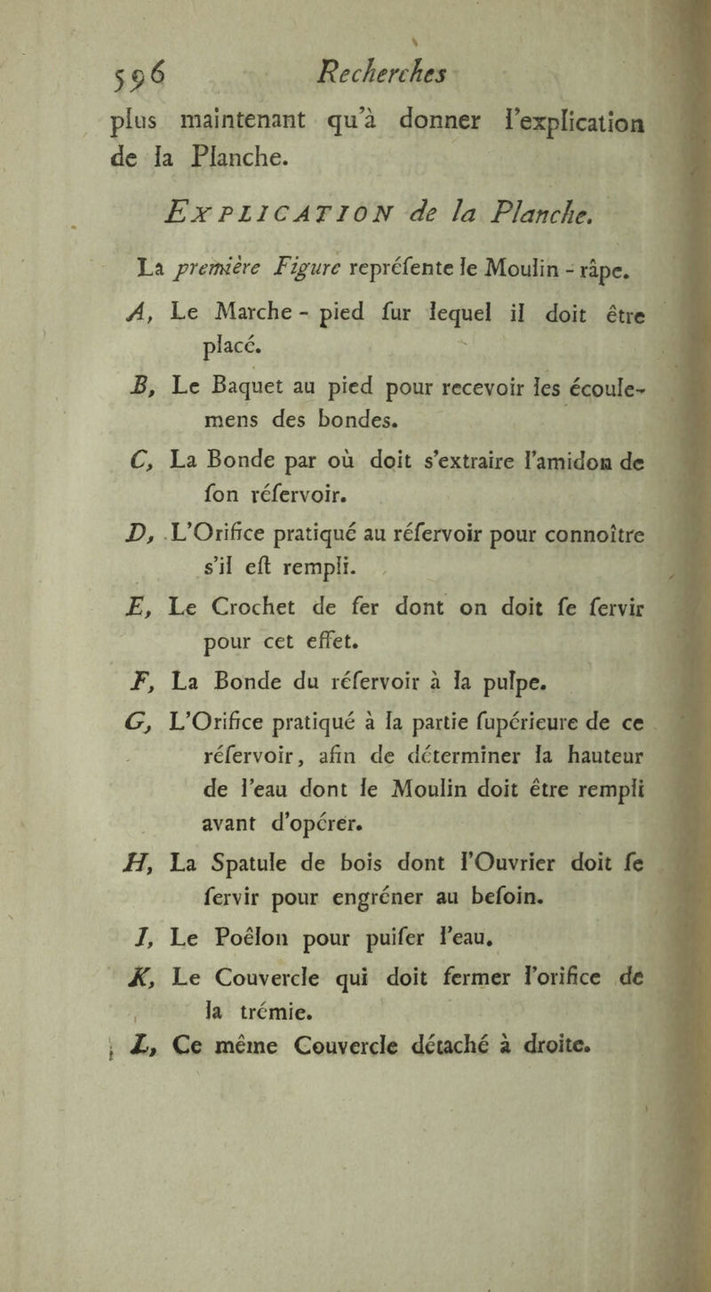 plus maintenant qu'à donner l'explication à de la Planche. ExPLICATION de la Planche. La première Figure repréfente le Moulin - râpe. A, Le Marche - pied fur cpl il doit être ‘4 placé. Ps: Le Baquet au pied pour recevoir les écoule- mens des bondes. C, La Bonde par où doit s’extraire l’'amidon de « fon réfervoir. 1 D, L'Orifice pratiqué au réfervoir pour connoître | s'il eft rempli. À E, Le Crochet de fer dont on doit fe fervir | pour cet effet. | F, La Bonde du réfervoir à la pulpe. G, L'Orifice pratiqué à la partie fupérieure de ce 1 réfervoir, afin de déterminer la hauteur « de l’eau dont le Moulin doit être rempli | | avant d'opérer. à H, La Spatule de bois dont l’Ouvrier doit fe À fervir pour engréner au befoin. I, Le Poëlon pour puifer leau. A * K, Le Couvercle qui doit fermer lorifice de ; la trémie. 4 ; Z, Ce même Couvercle détaché à à droite.