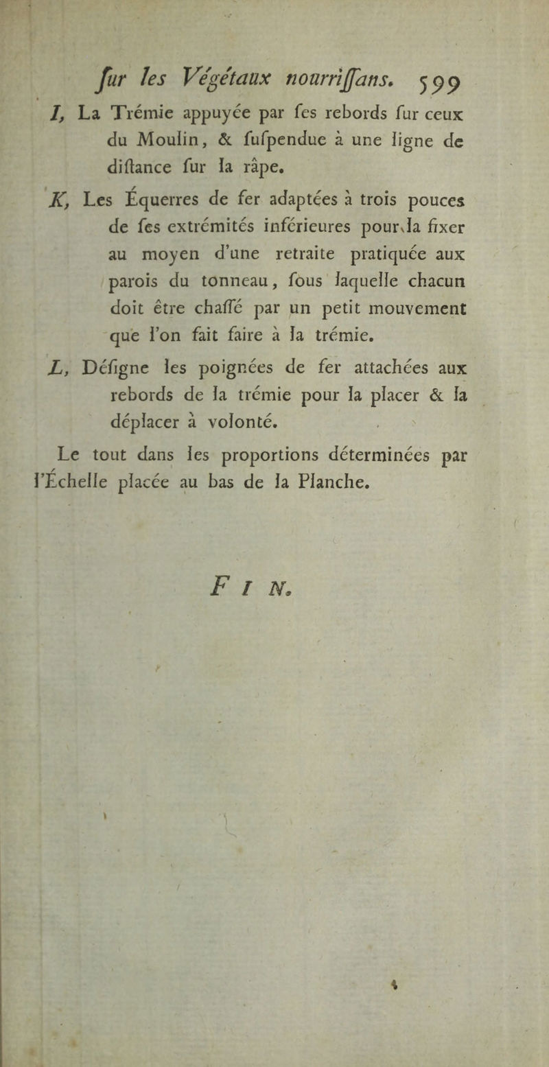 A L : fur les Végétaux nourrifans. s99 I, La Trémie appuyée par fes rebords fur ceux du Moulin, & fufpendue à une ligne de diftance fur la ràpe. K, Les Équerres de fer adaptées à trois pouces de fes extrémités inférieures pour.la fixer au moyen d'une retraite pratiquée aux parois du tonneau, fous laquelle chacun doit être chaffé par un petit mouvement que l’on fait faire à la trémie. L, Défigne les poignées de fer attachées aux rebords de 1a trémie pour la placer & Îa déplacer à volonté. Le tout dans Îes proportions déterminées par l'Échelle placée au bas de Ja Planche. FUI: N.