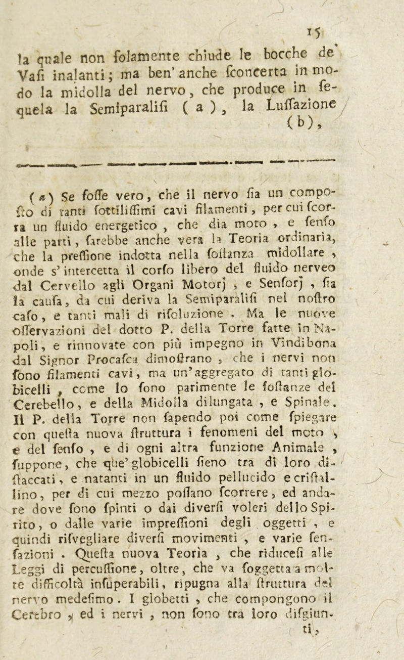 la qnale non folamente chiude le bocche de Vafi inalanti ; ina ben’ anche fconcerta in mo- do la midolla del nervo, che produce in fe- quela la Scmiparalifi ( a ) , la LulTazioney ( b), {a) Se foffe vero, che il nervo fia un compo- C:o di ranti rottilidìmi cavi filamenti, per cui fcor- ra un fluido eriergetico , che dia moro , e ^ fenfo alle pani, farebbe anche vera li Teoria ordinaria, ^ che la pfeflìone indotta nella foflanza midollare , onde sMntercetta il corfo libero del fluido nyrveo dal Cervello agli Organi Motor) , e Senfor) , fia la caufa, da cui deriva la Semiparalifi nel noftro cafo, e tanti mali di rifoluzione . Ma le nuove ofTervazioni del dotto P. della Torre fatte in Na- poli, e rinnovate con più impegno in Vindibona dal Signor Procafca dimoflrano , che i nervi non fono filamenti cavi, ma un’aggregato di tanti glo- -- bicelli , come lo fono parimente le foflanze dei Cerebello, e della Midolla dilungata , e Spinale, li P. delia Torre non fapendo poi come fpiegare con quella nuova bruttura i fenomeni del moto , e del fenfo , e di ogni altra funzione Animale , fuppone, che qiie’globicelli fieno tra di loro di- flaccatì, e natanti in un fluido pellucido ecrifial- lino, per di cui mezzo pollano fcorrere, ed anda- - re dove fono fpinti o dai diverfi voleri dello Spi- rito, o dalle varie impreffioni degli oggetti , e quindi rifveglìare diverfi movimenti , e varie fen- fazioni . Qiiefta nuova Teoria , che riducefi alle Leggi di perculfione, oltre, che va foggetta a moi- re difficoltà infuperabili, ripugna alla bruttura del nervo medefimo . I globetti , che compongono il Certbro ^ ed i nervi , non fono tra loro difgiun- /