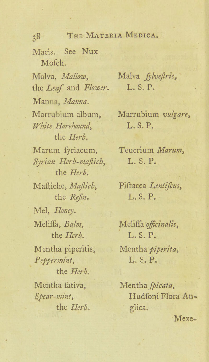 Macis. See Nux Mofch. Malva, Mallow, Manna, Manna. . Marrubium album, White Horehound, the Herd, Marum fyriacum, Syrian Herb-maftich, the Herb. Mattiche, Ma/tich, the Refin, Mel, Honey. Meliffa, Balm, — the Herd. Mentha piperitis, Peppermint, the Herd. Mentha fativa, — Spear-mint, the Herd. Malva fylvefris, Eng Aig oe Marrubium vulgare, L, 5. P, Teucrium Marum, Lek. . Piftacea Lentifcus, 5. 2. Meliffa officinalis, 1.6.) Pe Mentha piperita, — L. Si. Mentha /picata, Hudfoni Flora An- giica, ‘Meze-