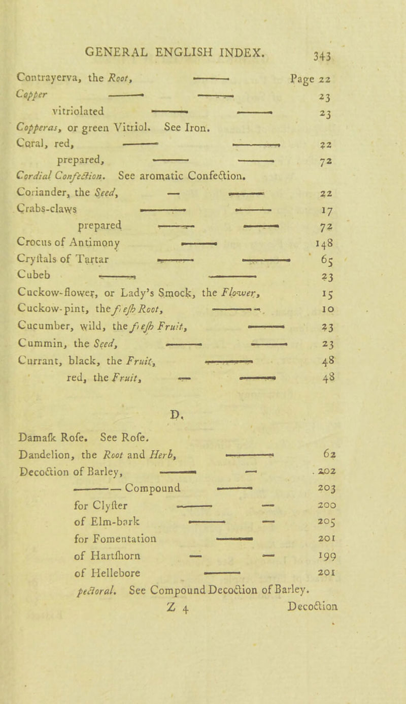 Contrayerva, the Root, Page 22 Copper —_——- 23 Vitriolated —_—- —. 23 _ Copperas, or green Vitriol. See Iron. Coral, red, —_— _ 22 prepared, wae 72 Cordial Confefion. See aromatic Confection. Coriander, the Seed, — —— 22 _Crabs-claws —— 17 prepared —— —— 72 Crocus of Antimony oe 148 Cryttals of Tartar wees —_——_- 65 Cubeb —m 23 Cuckow-flower, or Lady’s Smock, the Flower, 15 Cuckow- pint, the fie Root, 7 10 Cucumber, wild, the fie Fruit, ee 23 Cummin, the Seed, —_—- —_——_ 23 Currant, black, the Fruit, —— 48 red, the Fruit, oo ve 48 dD, Damafk Rofe. See Rofe. Dandelion, the Root and Herb, ens 62 Decoction of Barley, ——m — . 202 — Compound —_—_— 203 for Clyfter — _ 200 of Elm-bark — _ 205 for Fomentation eee 201 of Hartfhorn —_ _ 199 of Hellebore a 201 pedoral. See Compound Decoétion of Barley. Z 4 Decoétion