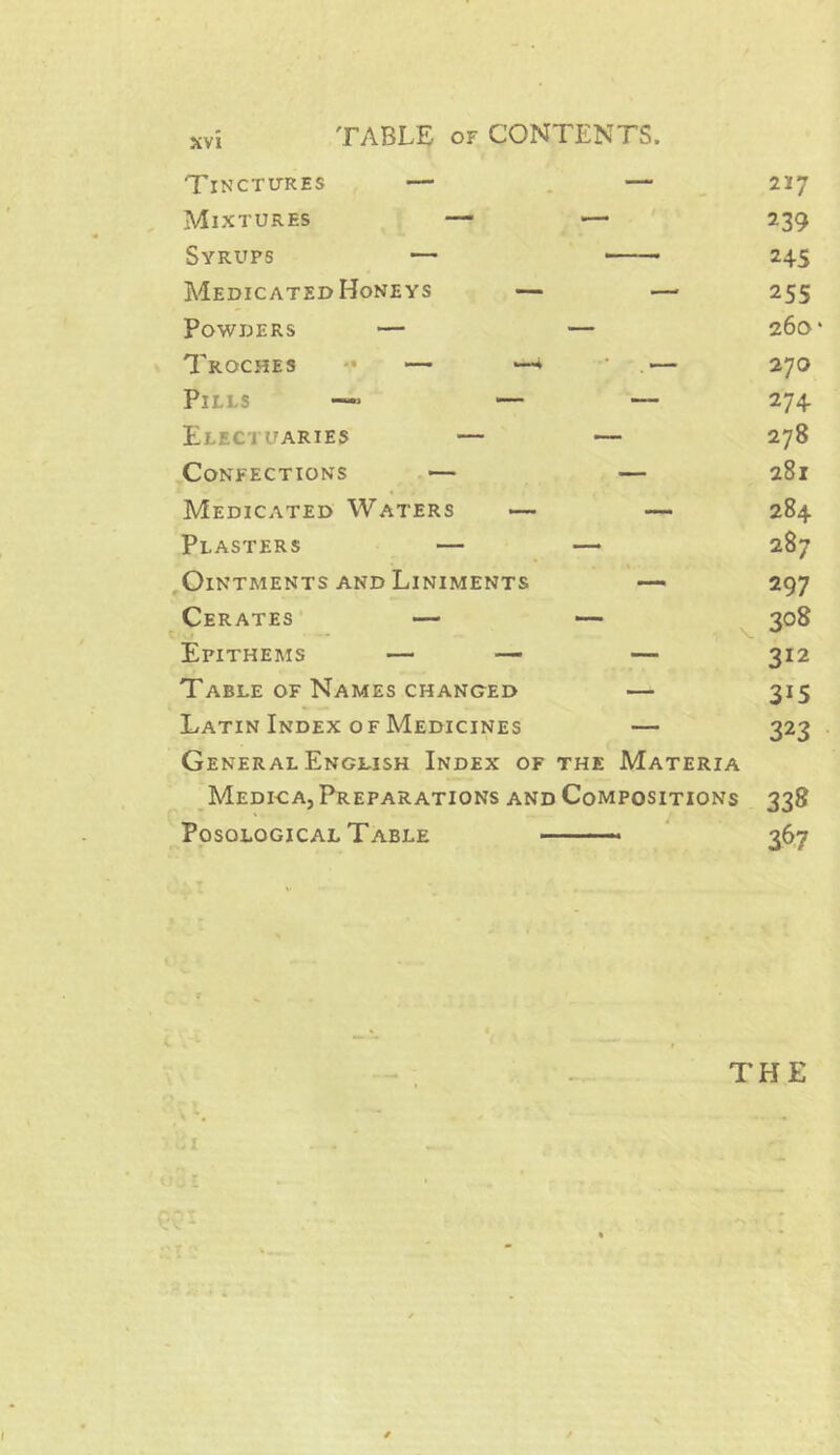 TABLE of CONTENTS. Tinctures — —-- 217 Mixtures — —- 3-39 Syrups — 345 Medicated Honeys — — 255 Powders — — 260 Troches *• — —* • . — 270 Pills — — — 274 Electuaries — — 278 Confections — — 281 Medicated Waters — — 284 Plasters — — 287 Ointments and Liniments — 297 Cerates — — 308 Epithems — — — 312 Table of Names changed — 3*5 Latin Index of Medicines — 323 General English Index of the Materia Medi-ca, Preparations and Compositions 338 Posological Table - — 3^7 THE / i