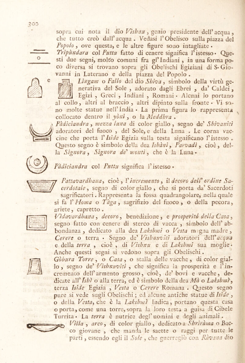 o che tutto creò dall’acqua. Vedasi l’Obelisco sulla piazza del Popolo , ove questa, e le altre figure sono intagliate • Tripùndara col Putta fatto di cenere significa l’istesso* Que- sti due segni, molto comuni fra gl’Indiani, in una forma po- co diversa si trovano sopra gli Obelischi Egiziani di S* Gio- vanni in Luterano e della piazza del Popolo . tingam o Fallo del dio Shiva, simbolo della virtù ge- li W- nerativa del Sole , adorato dagli Ebrei y da’ Caldei, Egizi , Greci , Indiani , Romani • Alcuni lo portano al collo, altri al braccio , altri dipinto sulla fronte • Vi so- no molte statue nell’India • La prima figura lo rappresenta collocato dentro il yòni , o la Meddhra . Pàdiciandra , mezza luna di color giallo , segno de’ Shivanitì adoratori del fuoco , del Sole, e della Luna . Le corna vac- cine che porta V Iside Egizia sulla testa significano l’istesso . Questo segno è simbolo della dea Ishàni, Parvadi , cioè, del- la Signora , Signora de’ monti , che è la Luna • Pàdiciandra col Puttu significa l’istesso» Pattavardhana, cioè, l’incremento, i\ decoro delF ordine Sa- cerdotale , segno di color giallo , che si porta da’ Sacerdoti sagrificatori. Rappresenta la fossa quadrangolare, nella quale si fa V Homa o Tòga, sagrifizio del fuoco, o delia pecora, ariete, capretto * Vidavardhana, decoro, benedizione , e prosperità della Casa 5 segno fatto con cenere di sterco di vacca , simbolo dell’ ab- bondanza , dedicato alla dea Lakshmi o Festa irngna madre, Cerere o terra • Segno de’ Vishnuvhi adoratori 'delf acqua e della terra , cioè , di Vishnu e di Lakshmi sua moglie» Anche questi segni si vedono sopra gli Obelischi . Gobura Torre , o Casa , o stalla delle vacche , di color gial- lo , segno de’ Vishnuviti , che significa ia prosperità e l’in- cremento dell’armento grosso, cioè, de’ bovi e vacche, de- dicate all’ tshì o alla terra, ed è simbolo della dea Mà o Lakshmi, terza Iside Egizia , Vesta o Cerere Romana . Questo segno pure si vede sugli Obelischi; ed alcune antiche statue ài Iside , o della Vesta-, che è la Lakshmi Indica, portano questa casa o porta, come una torre, sopra la loro testa a guisa di Cibele Turrita • La terra è nutrice degl’ uomini e degli animali « Villa , arco, di color giallo, dedicato a Shriràma o Bac- co giovane , che manda le saette o raggi per tutte le parti, essendo egli il Sole , che guerregiò con Pavana dio