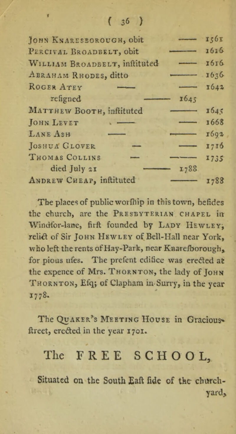 John Knaressorough, obit 1561 Tercival Broadbelt, obit 1616 William Broadbelt, inftituted i6i5 Abraham Rhodes, ditto 1636 Roger Atey —• 1641 refigned 1645 Matthew Booth, inftituted i64.t John Levet >. 1668 Lane Ash 1694 Joshua Glover — 1716 Thomas Collins ~ 1735 died July 21 1788 Andrew Cheap, inftituted 1788 The places of public worfilip in this town, befides the chuvcb, are the Presbyterian chapel irt Windtbr-lane, firft founded by Lady Hewley^ relict of Sir John Hewley of Bell-Hall near York, who left the rents of Hay-Park, near Knarefborough, for pious ufes. The prefent edihce was eredted at the expence of Mrs. Thornton, the lady of John Thornton, Efq; of Claphara iu-Surry, in the year 1778. The Quaker^s Meeting House in Gracious^ ftreet, erefted in the year 1701. The FREE SCHOOL, Situated on'the South Eaft fide of the church- yard.