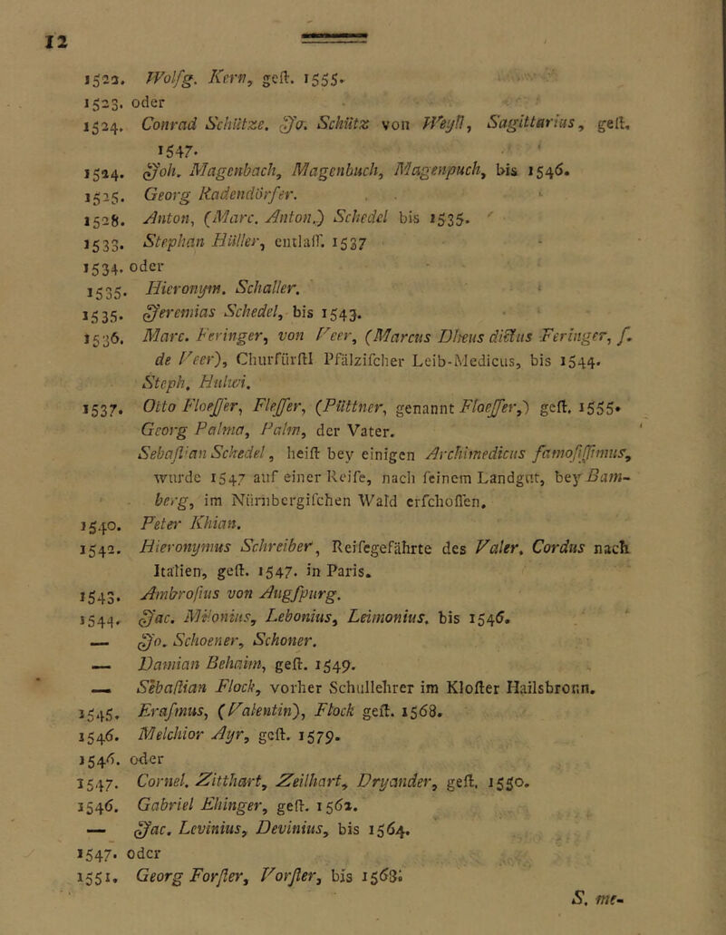 1523. TVolfg. Kcrfl, geft. 1555. 1533. oder 1524. Conrad Schütze. Schütz von /'?%//, Sagittarius, geft, 1547. 1514. ^'oh. Magenbacli, Magenbuch, Biagenpuch, bis 154Ö. 1525. Georg Radendörfer. , . *■ 1528. .einton, {Marc, Anton^ Schedel bis 1535. ' 1533. Stephan Hüller, ciitlair. 1537 1534. oder 1535. Hicronytn. Schall er. ‘ 1535. Jeremias Schedel, bis 1543. 1536. Marc. Feringer, von Heer, (Marcus Dheus dMiis Feringer, f de Feer), Churfiii-n:I Pfälzifcher Leib-Mediciis, bis 1544. Steph, Hitlwi. 1537. Otto FloeJJer, Fle.jfer, (Püttner, gtmnnt Ftoejfer,) geil. 1555. Georg Palma, Palm, der Vater. Sebaß’an Sckedel, heift bey einigen ArcMmedicits fatnoßßnm^, wurde i547 auf einer Reife, nach feinem Landgut, hey Ba?n~ • berg, im Nünibcrgifchen Wald crfchoflen, 1540. Peter Khian. 1542. Hieronymus Schreiber, Reifcgefährte des Haler. Cordus nach. Italien, ged. 1547* in Paris. 1543. Ambrofms von Aiigfptirg. 1544. ^'ac. Miloniiis, Lebonius, Leimonius. bis 1545. * — ßjfo. Sclioener, Schoner. — Damian Behaitn, geft. 154p. — Sebaßian Flock, vorher Schullehrer im Klofter Hailsbror.n. 1545. Erafmus, (Palentin), Flock geft. 1568. 1546. Melchior Ayr, geft. 1579. 154^. oder 1547. Cornel. Zitthart, Zeilharf, Dryander, geft, 1530. 1546. Gabriel Eliinger, geft. 156». — ofac. Levinius, Devinius, bis 1564. 1547. oder 1551. Georg Forßer, Vorßer, bis i5<53; S. mf-