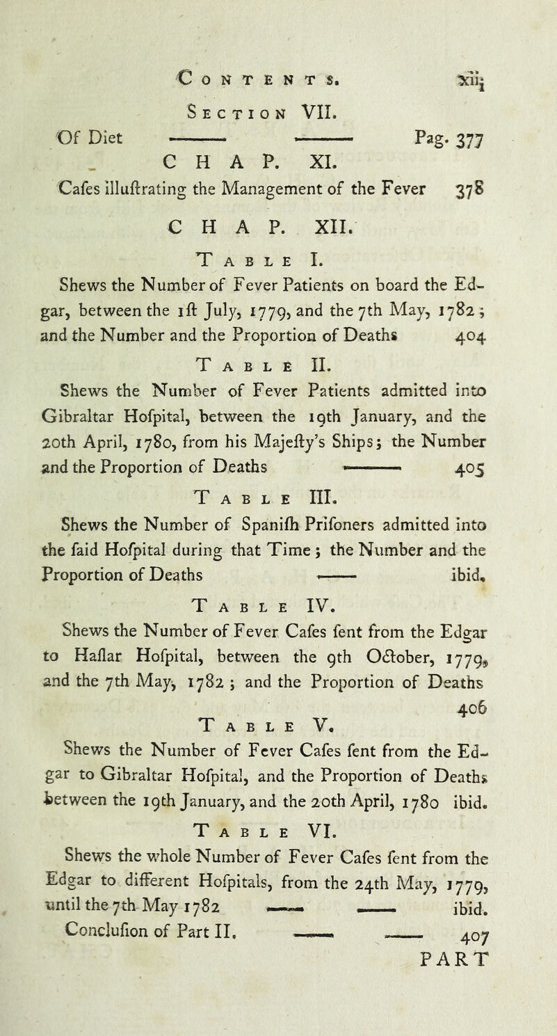 Section VII. Of Diet Pag. 377 CHAP. XI. Cafes illuftrating the Management of the Fever 378 CHAP. XII. Table I. Shews the Number of Fever Patients on board the Ed- gar, between the ift July, 1779, and the 7th May, 1782 ; and the Number and the Proportion of Deaths 404 Table II. Shews the Number of Fever Patients admitted into Gibraltar Hofpital, between the 19th January, and the 20th April, 1780, from his Majefty’s Ships; the Number and the Proportion of Deaths *— 405 Table III. Shews the Number of Spanifh Prifoners admitted into the faid Hofpital during that Time ; the Number and the Proportion of Deaths ibid. Table IV. Shews the Number of Fever Cafes fent from the Edgar to Haflar Hofpital, between the 9th O&ober, 1779, and the 7th May-, 1782 ; and the Proportion of Deaths 406 Table V. Shews the Number of Fever Cafes fent from the Ed- gar to Gibraltar Hofpital, and the Proportion of Death* between the 19th January, and the 20th April, 1780 ibid. Table VI. Shews the whole Number of Fever Cafes fent from the Edgar to different Hofpitals, from the 24th May, 1779, until the7th-May 1782 . ibid. Conclufion of Part II. 407 PART