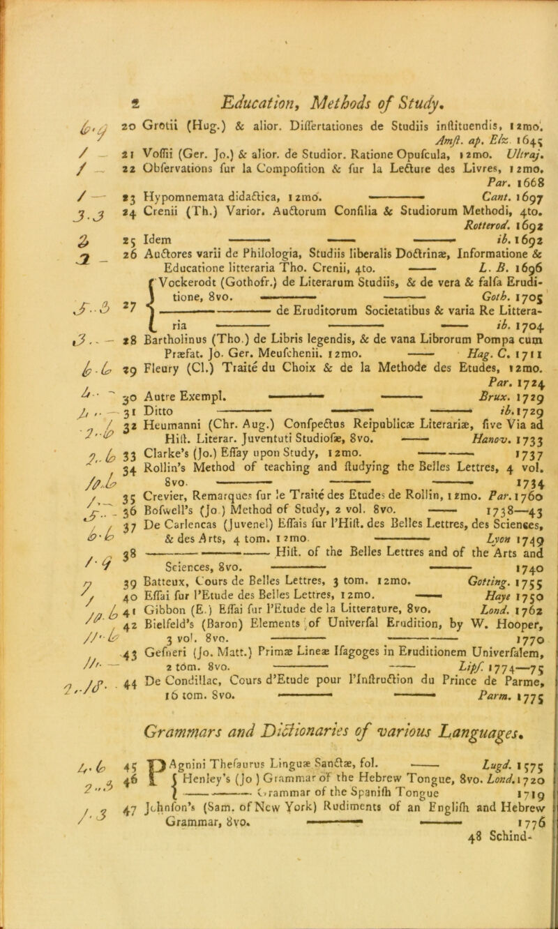 / - / - / — JJ 2> a - 20 21 22 *3 *4 *5 26 jT. 3 27 t3 ■ - *8 b-b 19  30 Jj '■ , 3 1 '7>'lp 3* J?,. 33 /*£ H /- 3£ • - 36 b'b 37 /-^ 38 7 39 / 40 ^4« 1 Education, Methods of Study. Grotii (Hug.) & alior. DifTertationes de Studiis inftituendis, 1 amo. ap. E/z 1645 Voflii (Ger. Jo.) & alior. de Studior. Ratione Opufcula, i2mo. Ultraj. Obfervations fur la Compofition & fur la Lefture des Livres, umo, Par. 1668 Hypomneniata didaftica, 1 2mo. —■ Cant. 1697 Crenii (Th.) Varior. Au&orum Confilia & Studiorum Methodi, 4to. Rotterod. 1692 Idem — - — - <£.1692 Au&ores varii de PhiJologia, Studiis liberalis Doftrinae, Informatione & Educatione litteraria Tho. Crenii, 4to. L. B. 1696 f Vockerodt (Gothofr.) de Literarum Studiis, & de vera & falfa Erudi- J tione, 8vo. — Goth. 1705 _ de Eruditorum Societatibus & varia Re Littera- ria ■ ■— — ib. 1704 Bartholinus (Tho.) de Libris legendis, & de vana Librorum Pompa cum Praefat. Jo. Ger. Meufchenii. i2mo. Hag. C. 17H Fleury (Cl.) Traite du Choix 8c de la Methode des Etudes, i2mo. Par. 1724 Autre Exempt. ■ ■ Brux. 1729 Ditto 1 ib.i-jzg Heumanni (Chr. Aug.) Confpeflos Reipublicae Literariae, five Via ad Hilt. Literar. Juventuti Studiofse, 8vo. —— Hanov. 1733 Clarke’s (Jo.) EBay upon Study, izmo. 1737 Rollin’s Method of teaching and ftudying the Belles Lettres, 4 vol. gvo. — ■ — — - *734 Crevier, Remarque? fur le Traite des Etudes de Rollin, itmo. Par. 1760 Bofwell’s (Jo ) Method of Study, 2 vol. 8vo. 1738—43 De Carlencas (Juvenel) Effais fur l’Hilt. des Belles Lettres, des Sciences, & des Arts, 4 tom. nmo. Lyon 1749 Hilt, of the Belles Lettres and of the Arts and 1740 Sciences, 8vo. M j/'-L? 42 43 /A Batteux, Cours de Belles Lettres, 3 tom. umo. Gotting. 1755 Eflai fur l’Etude des Belles Lettres, i2mo. ■— ■■ Haye 1750 Gibbon (E.) Effai fur l’Etude de la Litterature, 8vo. Lond. 1762 Bielfeld’s (Baron) Elements of Univerfal Erudition, by W. Hooper, 3 vo'. 8vo. -— *770 Gefneri (Jo. Matt.) Primae Lineae Ifagoges in Eruditionem Univerfalem, 2 tom. 8vo. Bipf. 1774—75 De Condillac, Cours d’Etude pour l’lnltrudtion du Prince de Parme, 16 tom. Svo. »*-.■' •-■■■— — 1 ■ Farm. 1775 Grammars and Dictionaries of various Languages• A & 2 4? 46 P Agnini Thesaurus Linguae San£tae, fol. Lugd. 1575 ( Henley’s (Jo ) Grammar of the Hebrew Tongue, 8vo. Lond. 1720 ( Grammar of the Spanilh Tongue *719 / ■? 47 Johnfon’s (Sam. ofNcw York) Rudiments of an Englilh and Hebrew / ^ Grammar, 8vo. —— — - 1776 48 Schind-