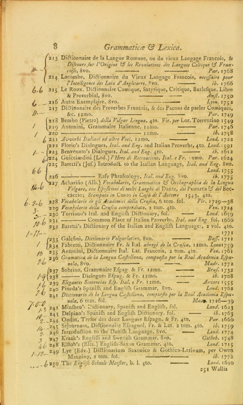 I 213 /A Grammatics G? Lexica, DiCtionnaire de la Langue Romane, ou du vieux Langage Francois, & Di/cours fur I’Origine iff les Revolutions des Langues Celtique iff Fran• coi/e. 8vo. -»»■- ■—■■■■■ «■ ■ —» Par. 1768 Lacomhe, DiCtionnaire du Vieux Langage Francois, neceft'aire pour PIntelligence des Loix d' Anghterre. cvo. ib. 17 66 t-i-b *28 7. >7 f 11-to 7 232 A /A-' /333 7 l234 /* 235 fC 536 [%'S! m ::: 242 2.^244 A- 246 J/ 247 /A 248 ^249 ..j. ^>*5° Le Roux, DiCtionnaire Comique, Satyrique, Critique, Burlefque, Libre & Proverbial, 8vo. —— AmJ.?. 1750 Autre Exemplaire, 8vo. - — ■ — Lyon. 1752 DiOiftnnaire des Proverbes Francois, & des Facons de parler Comiques, Sec. i2mo. Par. 1749 Bembo (Pietro) della Vulgar Lingua, 4to. Fir. per Lor. Torrentino 1549 Antonini, Grammaire Italienne, iamo. Par. 1746 12 rno. ib. 1758 Awerbi Italian! ed altre Voci, l2mo. — - Lond. 1722 Florio’s Dialogues, Ital. and Eng. and Italian Proverbs, 4to. Lond.i 591 Benvenuto’s Dialogues, Ital. and Eng. qto. — - ib. 1612 Guicciardini (Lod.) I’Hore di Recreatione, Ital. e Fr. «2tno. Par. 1624 Baretti’s (Jof.) IntroduCl- to the I talian Language, Ital. and Eng. 8vo. Lond. 1755 Eafy Phrafeology, Ital. and Eng. 8vo. ib. 1773 Acharilio (Alb.) Vocabolario, Grammatica iff Ortbograpbia de la Lingua VoJgare, con Ifpojiiioni di jnclti Luogbi di Dante, del Petrarca iff del Boc» caccic; Stampato in Cento in Caja de lAuttore 1543, 4to, Vocabolario de gli Academici della Cru/ca, 6 torn. fol. Fir. 1729—38 Vocabolario della Cru/ca comper.diaiot 2 tom. 4to. Ven. 1724 Torriano’s Ital. and Engiifh Dictionary, fol. Lond. 1659 Common Place of Italian Proverbs, Ital. and Eng. fol. 1666 Baretti’s Dictionary of the Italian and Engiifh Language?, 2 vol. 4to. 1771 Galefini, Dittionario Volgarlatino, 8vo. ■■ Ba/ft. 17 1 1 Fabretti, DiCtionnaire Fr. & Ital. abrege de la CruJca, 1 2mo. Lyon 1759 Antonini, DiCtionnaire Ital. Lat. Francois, 2 tom. 4to. Ven. 5761 Gramatica de la Lengua C aft ell an a, compuefta por la Real Academia E/pa- nela, 8vo. — — Madr.iqqz Sobrino, Grammaire Efpag. & Fr. 12010. — Bru/. 1732 Dialogues Efpag. & Fr. i2mo. — ib. 1708 Elegantes Senrencias E/p. Ital. y Fr. I zmo. * Anvers t 555 Pineda’s Spanifh and Engiifh Grammar, 8vo. Lond. 1762 Diccionario de la Lengua Cafteilana, compuefto por la Real Academia E/pa~ nola, 6 tom. fol, Mact^ 1726—39 Minfheu’s Dictionary, Spanifh and Engiifh, fol. Lond. 1623 Delpino’s Spanifh and Engiifh Dictionary, fol. ib. 1763 Oudin, Trefor des deux Langues Efpagn. & Fr. 4to. Par. 1660 Sejournant, DiCtionnaire Efpagnol, Fr. & Lat. 2 tom. 4to. ib. 1759 Introduction to the Danifh Language, 8vo. — Lond. 1774 Kraak's Engiifh and Swedifh Grammar, 8vo. Gotbeb. 1748 Elltob’s (Eliz.) Engliili-Saxon Grammar', 4to. Lond. 1715 Lye (Edv.) DiCtionarium Saxonico & Gothico-Latinum, per Owen Manning, 2 tom. fol. ——•———— ib. 1772 The E'ngli/h Schoole Maifter, b. 1, 4to. - — Lond. 1610 251 Wallis