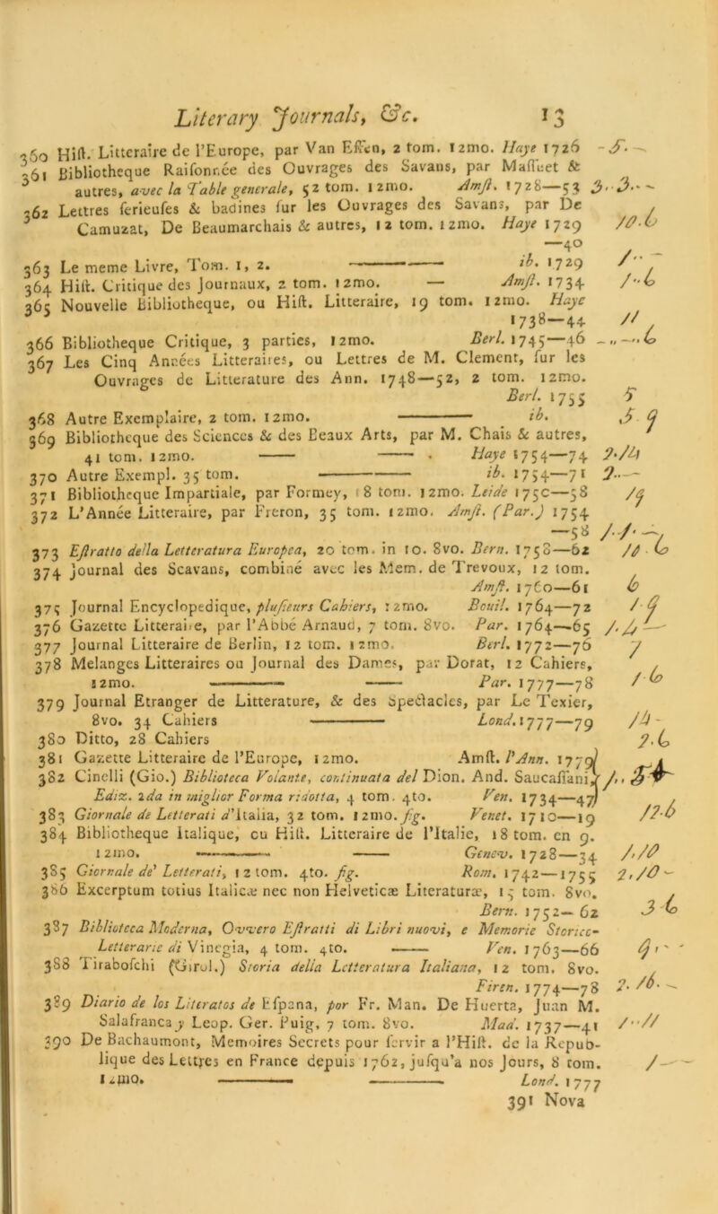 us -50 Littcraire de l’Europe, par Van Effcn, 2 tom. i2mo. /%* 1726 - S- ;'6, Bibliotheque Raifonr.ee des Ouvrages des Savans, par Mafluet & autres, avec la 7 able generate, 52 tom. i2mo. Amjl. 172b 53 -62 Lettres ferieufes & badines fur les Ouvrages des Savans, par De Camuzat, De Beaumarchais & autres, 12 tom. i2mo. Haye 1729 '/0-L> —40 63 Le meme Livre, Tom. 1, 2. ‘ 729 364 Hid. Critique des Journaux, 2 tom. izmo. — Amjl. 1734 36c Nouvelie Bibliotheque, ou Hid. Litteraire, 19 tom. nmo. Haye 1738—44. 366 Bibliotheque Critique, 3 parties, !2mo. Berl. 1745—46 367 Les Cinq Anr.ees Litteraires, ou Lettres de M. Clement, fur les Ouvrages de Litterature des Ann. 1748 — 52, 2 tom. i2mo. Berl. 1755 368 Autre Exemplaire, 2 tom. i2mo. ib. 369 Bibliotheque des Sciences & des Eeaux Arts, par M. Chais 5c autres, 41 tom. i2mo. • Haye 1754—74 A ~ /'• (a t, —■ 11 %c? ib. *754-—71 370 Autre Exempl. 35 tom. 371 Bibliotheque Impartiale, par Formey, (8 tom. 121110. Leide 175c—38 372 L’Annee Litteraire, par Freron, 35 tom. !2mo. Amjl. (Par.) 1754 —58 373 EJlratto della Letteratura Europea, 20 tom. in to. 8vo. Bern. 1750—61 Journal des Scavans, combine avee les .Mem. de Trevoux, 12 tom. Amjl. 17C0—6l Bcuil. 1764—72 s jy ?‘Al 2 — '9 //'- u X 37 + J< Par. 1764—65 /./, y b '/ 375 Journal Encyclopediquc, plujieurs Cahiers, :2mo. 376 Gazette Litterabe, par l’Aobe Arnauci, 7 tom. 8vo. 377 Journal Litteraire de Berlin, 12 tom. ismo, Berl. 1772—76 378 Melanges Litteraires ou Journal des Dames, par Dorat, 12 Cahiers, j2mo. — Par. 1777—78 379 Journal Etranger de Litterature, & des spectacles, par Le Texier, 8vo. 34 Cahiers Lond.\'j-j’j—79 380 Ditto, 28 Cahiers 381 Gazette Litteraire de l’Europe, i2mo. Am(t. 1'Ann. 1779^ a 382 Cinelli (Gio.) Bibliotcca Volatile, cor.iinuata del Dion. And. SaucaiTani Ediz. 2da in miglior Forma ndotta, 4 tom. 4to. Ven. 1734—47) 383 Giornale de Letterati tf’ltaiia, 32 torn. \2w\0. f:g. Venet. 171c—19 384 Bibliotheque ltalique, cu Hilt. Littcraire de l’Jtalie, 18 tom. cn 9. i2ino. Gcneo). 1728 — 24 3S5 Giornale de' Letterati, t 2 tom. 4to. fig. Rom. 1742 —1755 38b Excerptum totius Italics nec non Helvetica Literature, 15 tom. 8v<>. Beni, 1 752— 62 387 Bibliotcca Moderna, Oanvero Ejlraiti di Libri tiuoaji, e Memorie Stcricc- Letterane di Vinegia, 4 tom. 4to. Ven. 1763—66 3S8 I irabofehi (Girul.) Sroria delia Letteratura Italiana, 12 tom. 8vo. Finn. 1774—78 3 89 Diario de loi Liter at os de Lfpana, por Fr. Man. De Huerta, Juan M. Salafrancaj Leap. Ger. Puig, 7 tom. 8vo. Mad. 1737—41 /// 390 De Bachaumont, Memoires Secrets pour fervir a l’Hift. cc la Repuo- lique des Lettres en France depuis 1762, jufqu’a nos Jours, 8 com. / Iifiio. * Lond. 1777 391 Nova / (0 /*- /?■£> /'/# 3 (o /6. ^ n A •