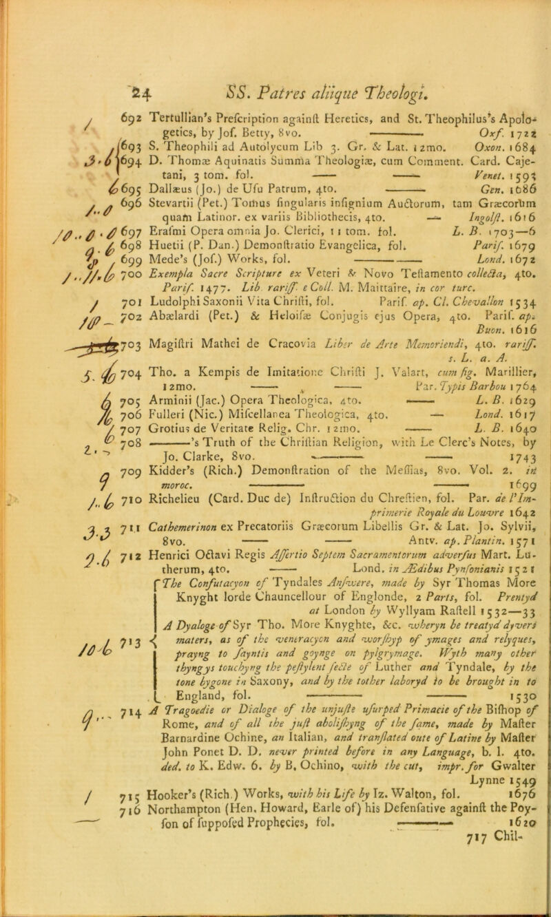 / ■t\ 692 Tertulllan’s Prefcription againlt Heretics, and St. Theophilus’s Apoto- getics, byjof. Betty, 8vo. — Oxf. 172? 693 S. Theophili ad Autolycum Lib 3. Gr, & Lat. izmo. Oxon. 1684 694 D. Thomae Aquinatis Summa Theologiae, cum Comment. Card. Caje- Penet. I 5 9 3 Gen. 1C186 tam GrzecorVm Ingol/l. 1616 L. B. 1703—6 Par if. 1679 Loud. 1672 tani, 3 tom. fol. <£695 Dallseus (Jo.) de Ufu Patrum, 4to . ~ 696 Stevartii (Pet.) Tottius fingularis infignium Audtorum, ^ quam Latinor. ex variis Bibliothecis, 4to. —«. /0 t £ . 697 Erafmi Opera omnia Jo. Clerici, 1 1 tom. fol. 7 /1 / 698 Huetii (P. Dan.) Demonftratio Evangelica, fol* *n 699 Mede’s (Jof.) Works, fol. s. 12mo. J705 Arminii (Jac.) Opera Theologica, 4to. , 706 Fulleri (Nic.) Mifcellanea Theologica, 410 / 707 Grotius de Veritate Relig. Chr. 1 zmo. (O jGg ’s Truth of the Chriltian Religion, Jo. Clarke, 8vo 9 j-b 71° /•<//*(? 7°° Exempla Sacre Scripture ex Veteri & Novo Teilamento collegia, 4to. Parif. 1477* Bib tariff- e Coil. M. Maittaire, in cor turc. f 701 Ludolphi Saxonii Vita Chrilli, fol. Parif. ap. Cl. Chevallon 1534 ///? 7°2 Abaelardi (Pet.) & Heloifa; Conjugis ejus Opera, 410. Parif. ap< 'tf Buon. 1616 703 Magiflri Mathei de Cracovia Liber de Arte MemorierJi, 4to. tariff. , s. L. a. A. fa 704 Tho. a Kempis de Imitatione Chrifti J. Valart, cunt fig. Marillier, * Par. Typis Barbou 1 764 ■—— L. B. 1629 — Land. 1617 L. B. 1640 with Le Clerc’s Notes, by 1743 709 Kidder’s (Rich.) Demonflration of the Melbas, 8vo. Vol. 2. iri moroc. — 1699 Richelieu (Card. Due de) Inltru&ion du Chreftien, fol. Par. aePhn- primerie Roy ale du Louvre 1642 711 Catbemerinon ex Precatoriis Grtecorum Libellis Gr. & Lat. Jo. Sylvii, 8vo. Antv. ap.Plantin. 1571 712 Henrici Odlavi Regis Afftrtio Septem Sacr ament or um adverfus Mart. Lu- therum, 4to. • Lend, in AEdibus Pynfonianis 152 t “The Confutacyon of Tyndales Anfnxere, made by Syr Thomas More Knyght lorde Chauncellour of Englonde, 2 Parts, fol. Prentyd at London by Wyllyam Raftell 1532—33 A Dyaloge ofSyr Tho. More Knyghte, &c. avberyn be treatyddivers 713 maters, as of the ventracycn and voorjhyp of ymages and relyques, prayng to fayntis and goynge on pylgrymage. Wyth many other tbyngys touchyng the pefyltnt fedle of Luther and Tyndale, by the tone bygone in Saxony, and by the tother laboryd io be brought in to England, fol. *53° 714 A Tragoedie or Dialoge of the unjujie ufurped Primade of the Bifhop of Rome, and of all the juft abolijhyng of the fame, made by Mailer Barnardine Ochir.e, an Italian, and tranfated oute of Latine by Mailer John Ponet D. D. never printed before in any Language, b. 1. 4to. ded. to K. Edw. 6. by B, Ochino, with the cut, impr.for Gwalter Lynne 1549 j 715 Hooker’s (Rich.) Works, nuithhis Life by Iz. Walton, fol. 1676 716 Northampton (Hen. Howard, Earle of) his Defenfative againft the Poy- —' fon of fuppofed Prophecies, fol. 1620 717 ChiL 3-3 2-I f/)lp 9