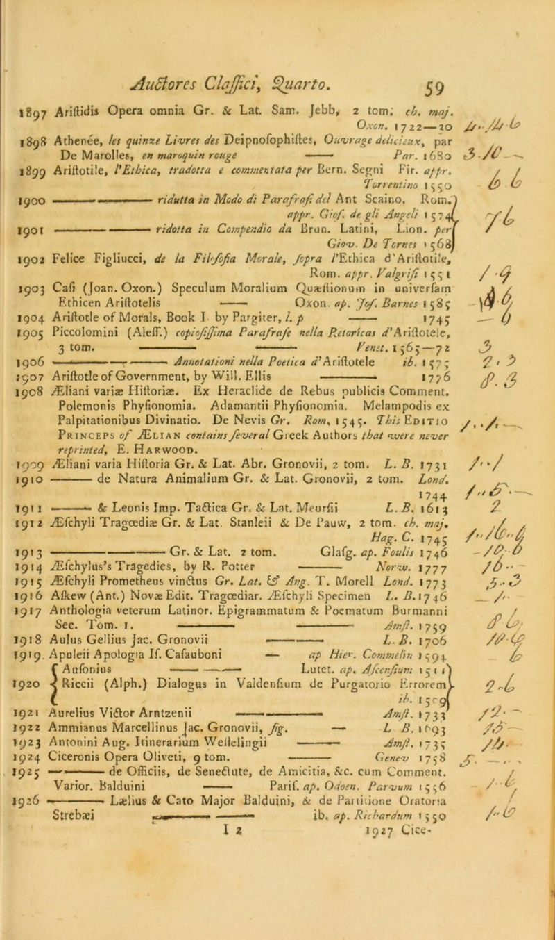 1897 Arirtidis Opera omnia Gr. & Lat. Sam. Jebb, 2 tern; cb. maj. Oxen. 1722—20 1898 Athenee, ks quinze Lbvres des Deipnofophiites, Outrage delicieuxpar De Marolles, en maroquin rouge - /W. 1680 1899 Ariilotile, I'Etbica, tradotta e convnerAata per Bern. Segni Fir. appr. , Torrentino 1550 1900 — — — ■— ridutta in Modo di Par of raj: dtl Ant Scair.o, Rom.) appr. G/c/i dr. gli Angeli >574/ 1901 - ... .....—»... - - ridotta in Compendia da Brun. Latirti, Lion, perl Cion. De Tomes '568! 1902 Felice Figliucci, de la Ftlfofa Morale, Jopra /’Ethica d’Ariilotile, Rom. appr. Valgrif 1 5 3 t 1903 Cafi (Joan. Oxon.) Speculum Moralium Qua^ilionum in univerfarn Ethicen Ariltotelis Oxon. ap. Jif. Barnes 1 585 1904 Ariftotle of Morals, Book I by Pargiter, /. p *745 1905 Piccolomini (AlefT.) copiojifftma Parafrafe nella Retoricas ^’Ariftotele, 3 tom. -- ■■■ *—— ■ - Tenet. 1363 — 72 1906 ■■■ ■■■'—■■— — Annotationi nella Poetica rf’Ariftotele ib. 157; *907 Ariftotle of Government, by Will. Elli9 — 1776 1908 ^Eliani varia: Hiiloriae. Ex Heradide de Rebus publicis Comment. Polemonis Phyfjonomia. Adamantii Phyfioncmia. Melampodis ex Palpitationibus Divinatio. De Nevis Gr. Rom. 1543. TALEditio Princeps of ^Elian contains federal Greek Authors that ‘were never reprinted, E. Harwood. 1909 iEliani varia Hiftoria Gr. & Lat. Abr. Gronovii, 2 tom. L. B. 1731 19,0 de Natura Animalium Gr. & Lat. Gronovii, 2 tom. Lond. 1744 1911 - — & Leonis Imp. Tadica Gr. & Lat. Meurfii L.B. i6r$ 1912 AEfchyli Tragcediae Gr. & Lat. Stanleii & De Pauw, 2 tom. ch. maj, Dag. C. 1745 1913 Gr. & Lat. 2 tom. Glafg. ap. Foulis 1746 1914 ./Efchylus’s Tragedies, by R. Potter Norw. 1777 1915 AEfchyli Prometheus vindus Gr. Lot. if Avg. T. Morell Lond. I 773 ig\6 Afkew(Ant.) Novae Edit. Tragoediar. ./Efchyli Specimen L. .5.1746 1917 Anthologia veterum Latinor. Epigrammatum & Poematum Burmanni Sec. lorn. i. — Am ft. 1759 1918 Aulus Gellius Jac. Gronovii — L.B. 1706 *919. Apuleii Apologia If. Cafauboni f Aufonins //../Jj-b 3/1'-^ - /ft b jL -— ap Hier. Commelin 1394 Lutet. ap. Afcenftum 15 « 1920 Riccii (Alph.) Dialogus in Valdenfium de Purgatorio Erroremv l .. ,509} 1921 Aurelius Vidor Arntzenii . —■ Amft.y-j^f 1922 Ammianus Marcellinus jac. Gronovii, fg. — L B.\tg$ 1923 Antonini Aug. Itinerarium Weiielingii — Amjl. 1733 1924 Ciceronis Opera Olivcti, 9 tom. Genev 1758 1925 —-■»— ■ de Officiis, de Senedute, de Amicitia, Sec. cum Comment. Varior. Balduini Parif.ap.Odoen. Parvum 1336 1926 — ■ - ■ Ladius Sc Cato Major Balduini, & de Partitione Oratona Strebaei ■ ib. ap. RicLardum 1350 I 2 1927 Cice* /V -n 3 /.^ /-/ A-T— Z / / bc6/ -/% £> ;o- .5-3 d ft,■ /(?•(/> 3 z~L /zr 3? ///> s u f /‘if?