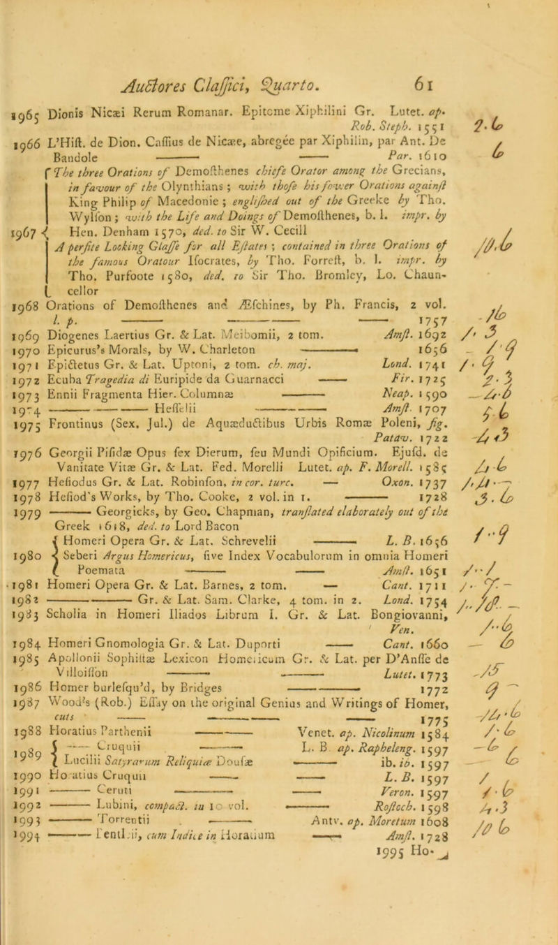 1967 < ig6c Dionis Nicaei Rcrum Romanar. Epitome Xiphilini Gr. Lutet. ap> Rob. Stepb. 155! 1966 L’Hifb de Dion. CalHus de Nicaie, abregee par Xiphilin, par Ant. De Bandole Par. >610 'The three Orations of Dcmollhenes chicfe Orator among the Grecians, in favour of the Olynthians ; with thofe his fewer Orations again/} King Philip of Macedonie ; englijhed out of the Greeke by Tho. Wyli'on ; with the Life and Doings of Demollhenes, b. 1. impr. by Hen. Denham 1570, dcd.to Sir W. Cecill A perfte Locking Giajfe for all Ejiates ; contained in three Orations of the famous Oratour liberates, by Tho. Ferrell, b. 1. impr. by Tho. Purfoote 1580, ded. 10 Sir Tho. Bromley, Lo. Chaun- cellor 1968 Orations of Demollhenes and TEfchines, by Ph. Francis, 2 vol. 1. p. 1757 1969 Diogenes Laertius Gr. & Lat. Meibomii, 2 tom. Amf. 1692 1970 Epicurus’s Morals, by W. Charleton ■ —- 1656 1971 Fpittetus Gr. Sc Lat. Uptoni, 2 tom. cb.maj. Lond. 1741 1972 Ecuba Tragedia di Euripide da Guarnacci Fir. 1725 1973 Ennii Fragmenta Hier. Columnaj Heap. «<590 19-4 Heflelii Amf. 1707 1975 Frontinus (Sex. Jul.) de Aqusedu&ibus Urbis Romte Poleni, fig. Patav. 1722 F976 Georgii Pilidae Opus fex Dierum, feu Mundi Opificium. Ejufd. de Vanitate Vitas Gr. & Lat. Fed. Morelii Lutet. ap. F. Morell. 158c 1977 Hcliodus Gr. & Lat. Robinfon, in cor. turc. — Oxon. 1737 1978 Flefiod's Works, by Tho. Cooke, 2 vol. in 1. 1728 1979 Georgicks, by Geo. Chapman, tranfiated elaborately out of the ic> h Greek t 618, ded. to Lord Bacon { Homeri Opera Gr. & Lat. Schrevelii L. B. 16^6 1980 < Seberi Argus Homericus, five Index Vocabulorum in omnia Homeri (_ Poemata 1981 Homeri Opera Gr. & Lat. Barnes, 2 tom. — 1982 Gr. & Lat. Sam. Clarke, 4 tom. in 2. 1983 Scholia in Homeri lliados Librum I. Gr. Sc Lat. Amll. 1651 Cant. 1 7 j 1 Lond. 1754 Bongiovanni, ' Fen. 1984 Homeri Gnomologia Gr. & Lat. Duporti Cant. 1660 1985 Apollonii Sophittae Lexicon Homeiicum Gr. Sc Lat. per D’AnlTe de Villoilfon Lutet. ijy$ 1986 Homer burlefqu’d, by Bridges ■ >772 1987 Wood-s (Rob.) Elfay on the original Genius and Writings of Homer, cuts 1775 1988 Horatius Parthcnii 1989 \ Cruqun Lucilii Satyr arum Reliquiae Doufae 1990 Ho atius Cruquu 1991 Cemti 1992 Lubini, cempaft. iu 10 vol. 199} Torrentii ) 99p ——— l entLii, cum Indite in iioraoum Ye net. ap. Nicolinum 1584 L- B ap. Rapheleng. 1597 1— — ib. it?. 1597 L. B. 1597 Veron. 1597 — Rofioch.i^gS Antv. ap. Moretum 1608 —-T— Amfi. 1728 *995 Iio*^ / -/b /. 3 r M -/rO f L A A A L> /•M -7 f-9 /••/ S-f- /-//- di -//r ■ A /■t, A L /•£ ft /0 lo