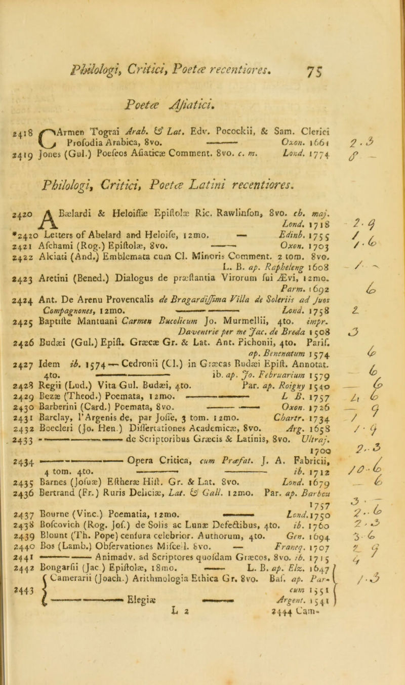 Poet a A/iatici. 24.18 ✓^Amen Togtai & Lat. Edv. Pocockii, & Sam. Clerici Profodia Arabica, 8vo. Oxon. 1661 2 • ^ *419 Jones (Gul.) Poefeos Aliatkse Comment. 8vo. c. m. Land. 1774 j> __ 2420 Philology Critici, PoetLatini recentiores. ABzelardi & Heloiflte Epifioloe Ric. Rawlinfon, 8vo. ch. tnaj. Lond. 1718 *2420 Letters of Abelard and Heloife, i2mo. 2421 Afchami (Rog.) Epiftolae, 8vo. — Edinb. 1755 —- Oxen. 1703 2422 Alciati (And.) Emblcmata cum Cl. Minoris Comment. 2 tom. 8vo. L. B. ap. Rapbeleng 1608 2423 Aretini (Bened.) Dialogus de pracflantia Virorurn fui AEvi, izmo. Farm. 1692 2424 Ant. De Arenu Provencalis de BragardiJJvna Villa de Soleriis ad Juos Compagnones, 12mo. ■■ ■ Lend. 1758 2425 Baptilte Mantuani Carmen Bucolicum Jo. Murmellii, 4to. impr. Daventrie per me Jac. de Breda 1508 2426 Budaei (Gul.) Epift. Grzecze Gr. & Lat. Ant. Pichonii, 4U). Parif. ap. Benenatum 1574 2427 Idem ib. 1574 — Cedronli (Cl.) in Grsccas Rudad Epift. Annotat. 4to. ib. ap. > Februarium I 5 7 9 2428 Regii (Lud.) Vita Gul. Budsei, 4to. Par. ap. Roigny 1540 2429 Bezae (Theod.) Pcemata, i2mo. - ■ L B. 1757 2430 Barberini (Card.) Pcemata, 8vo. —Oxon. 1726 2431 Barclay, l’Argenis de, par Joii'e, 3 tom. 1 zmo. Cbartr. 1734 2432 Baecleii (Jo. Hen.) Diifertationes Academics, 8vo. Arg. 1658 2433 de Scriptoribus Graecis Sc Latinis, 8vo. Ultraj. 1700 2434 — ■■■■■■ ■■ Opera Critica, cum Prof at. J. A. Fabricii, 4 tom. 4to. ib. 1712 2435 Barnes (Jofuae) Eftherse Hid. Gr. & Lat. 8vo. Lond. 1679 2436 Bertrand (Fr.) Ruris Delicize, Lat. is Call. i2rr.o. Par. ap. Barbcu 1 7S7 2437 Bourne (Vine.) Poematia, izmo. — ■-■■■ Lend. 1750 2438 Bofcovich (Rog. Jof.) de Solis ac Lunae Dcfe&ibus, 4to. ib. 1760 2439 Blount (Th. Pope) cenlura celebrior. Authorum, 410. Gen. 1694 2440 Bos (Lamb.) Obfervationes Mifce l. 8vo. — Franeq. 1707 2441 —•— Animadv. ad Scriptores quoldam Grascos, 8vo. ib. 1715 2442 Bongarfii (Jac ) Epidolas, i8mo. L. B. ap. Elz. 1647 f Camerarii (Joach.) Arithmologia Ethica Gr, 8vo. Baf. ap. Far- 2443 < cum 1351 ^ Elegia; — ■■ Argent. 1541 L 2 3444 Cam- *■4 ',.(o / 3 4 lx V / • 3 • ?• 2* % ; /•£ t* S'- 1 JnK b '*'• '•& ^