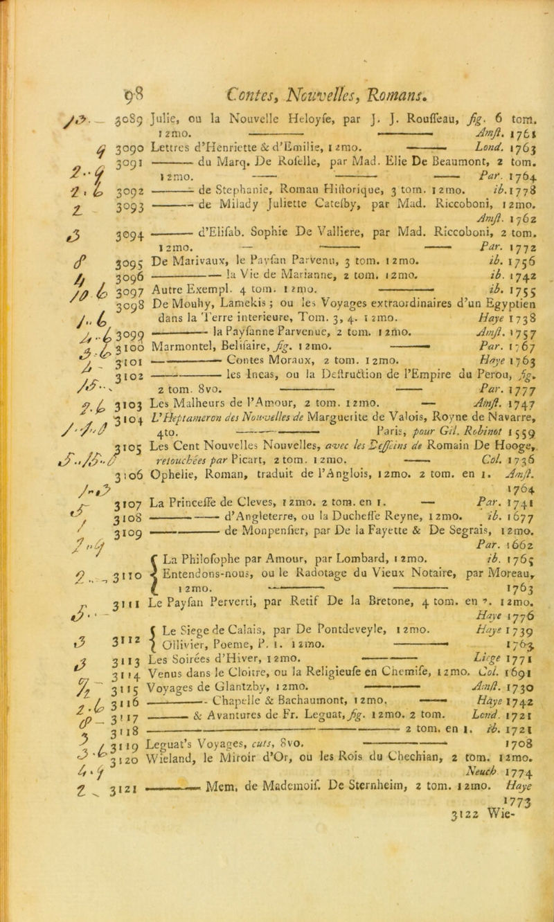 >,?. _ 30S9 Julie, cu la Nouvelle Heloyfe, par J. J. Roufleau, fig. 6 tom. izmo. Amfi. iytl 3090 Lettres d’Henriette & d’Emilie, izmo. Load. 1763 3091 du Marq. De Rofelle, par Mad. Elie De Beaumont, 2 tom. izmo. Par. 1764 3092 de Stephanie, Roman Hiilorique, 3 torn. i2tno. ib. 1778 2093 de Milady Juliette Cateiby, par Mad. Riccoboni, izmo. Amfi. 1762 2094 d’Elifab. Sophie De Y’alliere, par Mad. Riccoboni, 2 tom. izmo. — Par. 1772 3095 De Marivauv, le Pay fan Parvenu, 3 tom. i2mo. ib. 1736 3096 la Vie de Marianne, z tom. i2mo. ib. 1742 7/) h 3°97 Autre Exempl. 4 tom. i?mo. ib. 1755 2. b z / 4 3098 De Mouhy, Lamekis; ou les Voyages extraordinaires d’un Egyptien J,t C dans la Terre interieure, Tom. 3, 4. i zmo. Haye 1738 Jj b 3°91? * la Payfanne Parvcnue, 2 tom. umo. Amfi. >757 0 1 3100 Marmontel, Belilaire, fig. izmo. Par. 1767 *7 ^ _____ ntpc M n 1 fit ' * 3102 Z*7 ' z tom. bvo. j? 3103 Les Malheurs de l’Amour, 2 tom. izmo. — Amfi. 1747 ^ ,3104 V Hep tamer on des Noti'velles de Marguerite d> 4to, Contes Moraux, 2 tom. i2mo. 1763 les Incas, ou la Deftrudion de l’Empire du Perou, fig* Par. 1777 / ‘ 7$ de Valois, Royne de Navarre, Paris, pour Gil. Robinot I 559 3105 Les Cent Nouvelles Nouvclles, a-vec les JSefieins de Romain De Hooge, cC-'/S“0 reiouchies par Picart, 2 tom. izmo. Col. 1736 3106 Ophelie, Roman, traduit de l’Anglois, izmo. 2 tom. en 1. Anfi. 17°4- 3107 La PrincelTe de Cleves, izmo. z tom. en 1. — Par. 1741 f 3108 d’Angleterre, ou la Ducheffe Reyne, izmo. ib. 1677 2109 de Monpenfier, par De ia Fayette & De Segrais, 12mo. 01 Par. \66z f La Philofophe par Amour, par Lombard, izmo. ib. 1763 3110 < Entendons-nous, ou le Radotage du Vieux Notaire, par Moreau, izmo. *7^3 A 0 A- 3111 Le Pay fan Perverti, par Retif De la Bretone, 4 tom. en ■>. izmo. Haye 1776 f Le Siege de Calais, par De Pontdeveyle, izmo. Hajeij$ 9 31IZ | Ollivier, Poeme, P. 1. izmo. 176-3, a 3113 Les Soirees d’Hiver, 12mo. Liege 1771 7114 Venus dans le Goitre, ou la Religieufe en Chemife, izmo. Col. 1691 3n5 Voyages de Glantzby, izmo. Amfi. 1730 3^ • —-—- d>-3l 3118 — Chapellc & Bachaumont, 1 zmo. Hayeiy^z & Avanturcs de Fr. Leguat, fig. 12mo. 2 tom. Lend. 1721 tom. en 1. ib. 1721 Z , 3119 Leguat’s Voyages, cuts, 8vo. W,Viand. Ip Mirnir d’Or. o ,7og 3120 Wieland, le Miroir d’Or, ou les Rois du Chechian, 2 tom. izmo. 4 * p Neucb 1774 ^ 2121 . . —- Mem. de Mademoif. De Sternheim, z tom. izmo. Haye '17 3 3122 Wie-