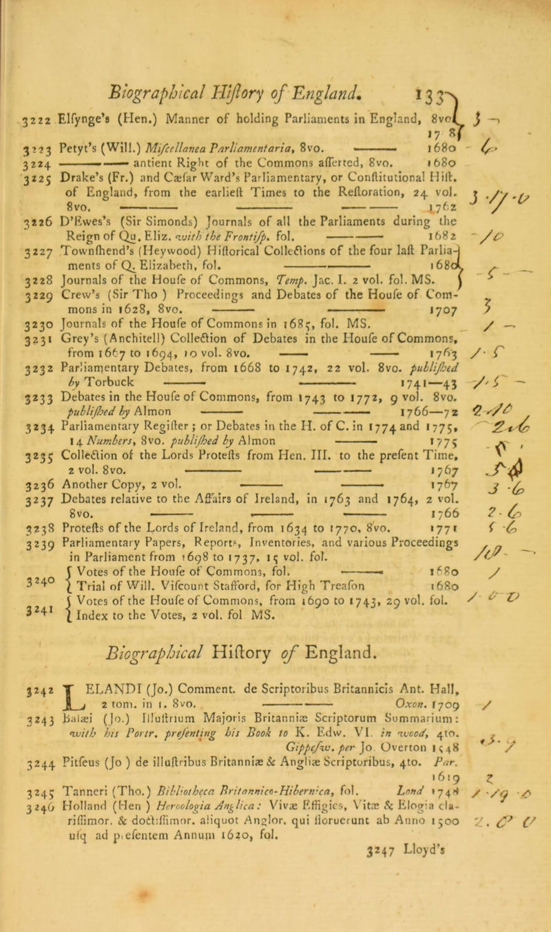 'Biographical Hi/lory of England. 13 3222 Elfynge’s (Hen.) Manner of holding Parliaments in England 13 ^ , 8vo/ 17 *7 1680 1680 3223 Petyt’s (Will.) Mifcellanea T aril ament aria y 8vo. - 3224 ■ — antienc Right of the Commons afferted, 8vo. 3225 Drake’s (Fr.) and Ca;far Ward’s Parliamentary, or Conflitutional Hill. of England, from the earlieft Times to the Reftoration, 24 vol. 8 vo. 4762 3226 D’Ewes’s (Sir Simonds) Journals of all the Parliaments during the Reign of Qu, Eliz. with the Fronti/p. fol. 1682 3227 Townlhend’s (Heywood) Hiftorical Collections of the four laft Parlia-I ments of Elizabeth, fol. ■- • 1680L 3228 Journals of the Houfe of Commons, Temp. Jac. I. 2 vol. fol. MS. 1 3229 Crew’s (Sir Tho ) Proceedings and Debates of the Houfe of Com- mons in 1628, 8vo. *707 3230 Journals of the Houfe of Commons in 1684, fol. MS. 3231 Grey’s (Anchitell) Collection of Debates in the Houfe of Commons, from 1667 to 1694, 10 vol. 8vo. ■■ — 1763 3232 Parliamentary Debates, from 1668 to 1742, 22 vol. 8vo. pullijbed by Torbuck ———— 1741—43 3233 Debates in the Houfe of Commons, from 1743 to 1772, 9 vol. 8vo. publijbed hy Almon 1766—72 3234 Parliamentary Regifter; or Debates in the IT. of C. in 1774 and 1 775• 14 Numberst 8vo. publijhed by Almon *775 3235 Collection of the Lords Protefts from Hen. III. to the prefent Time, 2 vol. 8vo. *7^7 3236 Another Copy, 2 vol. 1767 3237 Debates relative to the Affairs of Ireland, in 1763 and 1764, 2 vol. 8vo. » 1766 3238 Protefts of the Lords of Ireland, from 1634 to 1770, 8vo. >77* 3239 Parliamentary Papers, Reports Inventories, and various Proceedings in Parliament from >698101737, 13 vol. fob f Votes of the Houfe of Commons, fol. —t68o 324° | Trial of Will. Vifcount Stafford, for High Treafon 1680 (S 3241 j Votes of the Houfe of Commons, from 1690 to 1743, 29 vol. fol. I Index to the Votes, 2 vol. fol MS. j- - 4> /CP -r- - / - / r 7'T - e y 0 ' 3 2 4 < & /<J? - / / &~z> Biographical Hi (lory of England. 3242 T ELANDI (Jo.) Comment, de Scriptoribus Britannicis Ant. Hall, j 2 tom. in 1. 8vo. Oxon. 1709 -J243 balaei (Jo.) Illuftrium Majoris Britannia; Scriptorum Summarium: •with his Portr. prejenting his Book to K. Edvv. VI. in wood, 4to. Gippc/w. per Jo Overton 1^48 3244 Pitfeus (Jo ) de illuftribus Britannias& Anglite Scriptoribus, 410. Par. 1619 3243 Tanneri (Tho.) Bibliotheca Britnnnico-Hibernicn, fol. Loud *748 3246 Holland (Hen ) Heroologia Ang lie a: Viva; Effigies, \ itae Sc Elogia cla- riffimor. & dothffimor. aliquot Anglor. qui ilcrucrunt ab Anno 1500 ufq ad p.efentem Annum 1620, fol. / f 5 • 7 t / /y c 2. £> V 3247 Lloyd’s