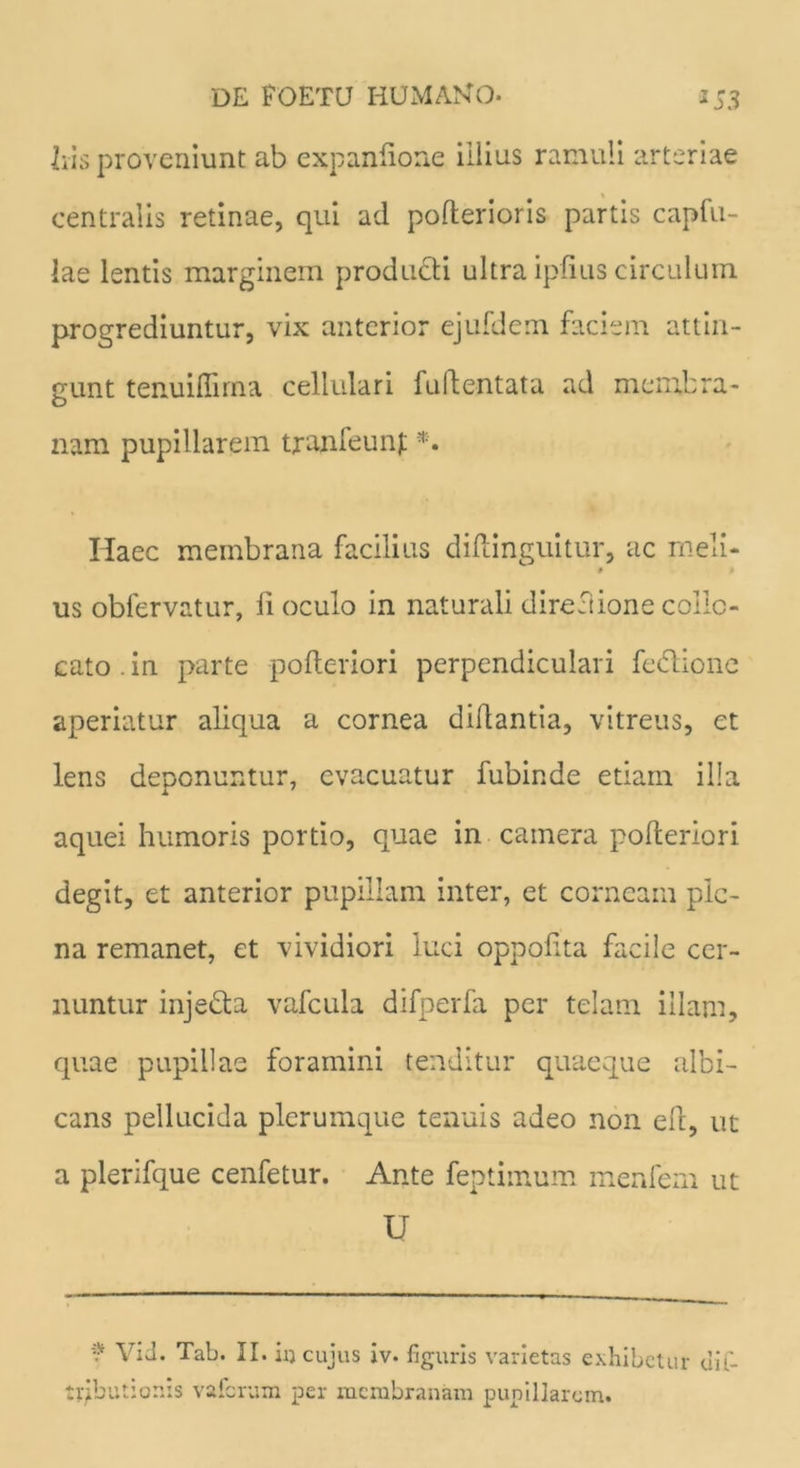 his proveniunt ab expanftone illius ramuli arteriae centralis retinae, qui ad pofterioris partis capfu- lae lentis marginem producti ultra ipfius circulum progrediuntur, vix anterior ejufdem faciem attin- gunt tenuiflirna cellulari fu dentata ad membra- nam pupillarem tranfeunf: *. Haec membrana facilius diftinguitur, ac meli- # 4 us obfervatur, li oculo in naturali directione collo- cato . in parte pofteriori perpendiculari fedione aperiatur aliqua a cornea diflantia, vitreus, et lens deponuntur, evacuatur fubinde etiam illa aquei humoris portio, quae in camera pofteriori degit, et anterior pupillam inter, et corneam ple- na remanet, et vividiori luci oppoftta facile cer- nuntur inje&a vafcula difperfa per telam illam, quae pupillae foramini tenditur quaeque albi- cans pellucida plerumque tenuis adeo non eft, ut a plerifque cenfetur. Ante feptimum menfem ut U f Vid. Tab. II. in cujus iv. figuris varietas exhibet tributionis vaferum per membranam pupillarem. ur dii-