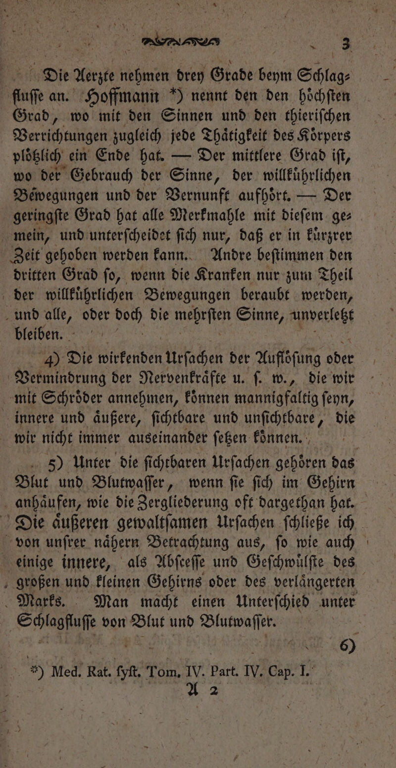 Die Aerzte nehmen drey Grade beym Schlag⸗ fluſſe an. Hoffmann ) nennt den den hoͤchſten Grad, wo mit den Sinnen und den thieriſchen Verrichtungen zugleich jede Thaͤtigkeit des Koͤrpers plötzlich ein Ende hat. — Der mittlere Grad iſt, wo der Gebrauch der Sinne, der willkuͤhrlichen Bewegungen und der Vernunft aufhoͤrt. — Der geringſte Grad hat alle Merkmahle mit dieſem ge⸗ mein, und unterſcheidet ſich nur, daß er in kuͤrzrer Zeit gehoben werden kann. Andre beſtimmen den dritten Grad ſo, wenn die Kranken nur zum Theil der willkuͤhrlichen Bewegungen beraubt werden, und alle, oder s bie mehrſten Sinne, unverletzt bleiben. 4) Die wirkenden Urſachen der Auflofung 1195 d der Nervenkraͤfte u. ſ. w., die wir mit Schroͤder annehmen, koͤnnen mannigfaltig ſeyn, innere und aͤußere, ſichtbare und unſichtbare, die wir nicht immer auseinander ſetzen konnen. 5) Unter die ſichtbaren Urſachen gehören das Blut und Blutwaſſer, wenn ſie ſich im Gehirn . anbaufen, wie die Zergliederung oft dargethan hat. Die aͤußeren gewaltſamen Urſachen ſchließe ich von unſrer naͤhern Betrachtung aus, ſo wie auch einige innere, als Abſceſſe und Geſchwuͤlſte des großen und kleinen Gehirns oder des verlaͤngerten Marks. Man macht einen Unterſchied unter e von Blut und 9 | \ b 5) Med! Rat. fyf Tom. IV. Part. IV, Cap. I | | A2