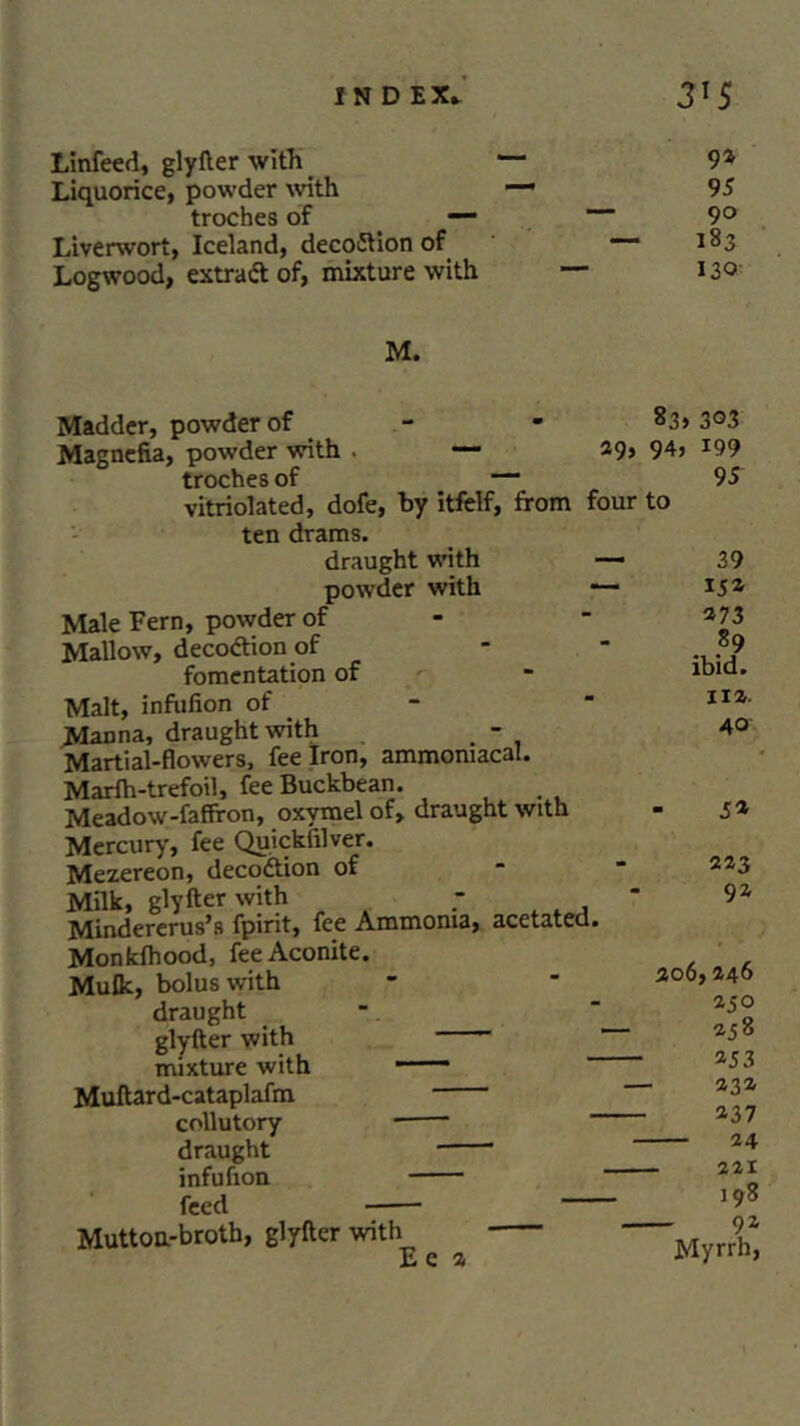 Linfeed, glyfter with — 94 Liquorice, powder with —* 95 troches of —■ 9° Liverwort, Iceland, decoition of — 183 Logwood, extrad of, mixture with — 130 M. Madder, powder of Magnefia, powder with . — 29, troches of — vitriolated, dofe, by itfelf, from four ten drams. draught with — powder with *— Male Fern, powder of - Mallow, decodion of * fomentation of Malt, infufion of Manna, draught with Martial-flowers, fee Iron, ammomacal. Marfh-trefoil, feeBuckbean. Meadow-faffron, oxymel of, draught with Mercury, fee Quickfilver. Mezereon, decodion of Milk, glyfter with -  Mindererus’s fpirit, fee Ammonia, acetated. Monkfhood, fee Aconite. Mulk, bolus with draught glyfter with mixture with Muftard-cataplafm collutory draught infufion feed Mutton-broth, glyfter with E e a 3Q3 94? 199 95 to 39 15a 273 89 ibid. 11a. 40 52 223 92 206,246 250 258 253 23a 237 24 221 198 _ 92 Myrrh,