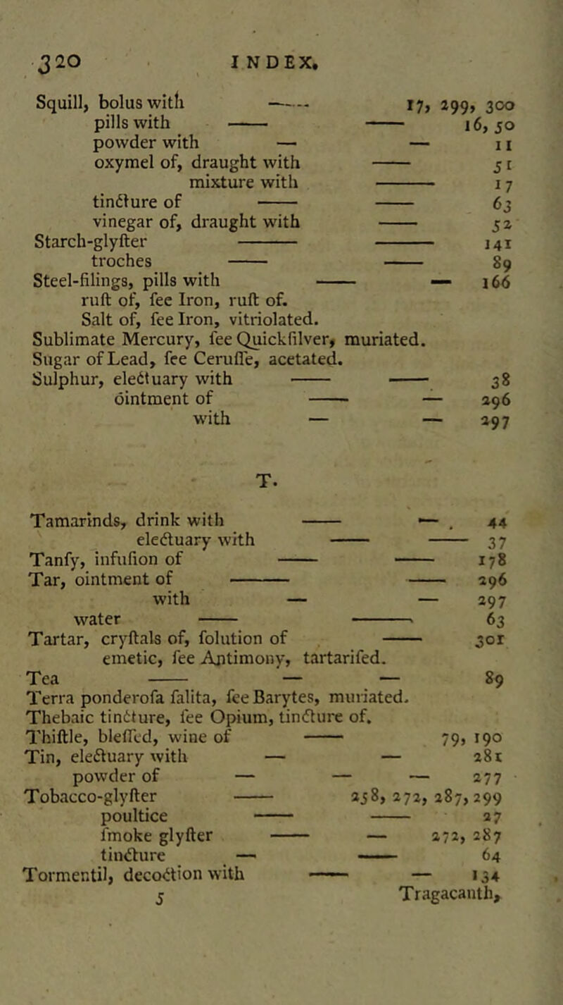 Squill, bolus with 17, 299, 300 pills with 16,50 powder with — — 11 oxymel of, draught with 51 mixture with 17 tindture of 63 vinegar of, draught with 52 Starch-glyfter 141 troches 89 Steel-filings, pills with — 166 ruft of, fee Iron, ruft of. Salt of, fee Iron, vitriolated. Sublimate Mercury, fee Quickfilver, muriated. Sugar of Lead, fee Cerufie, acetated. Sulphur, eledtuary with 38 ointment of — 296 with — — 297 T. Tamarinds, drink with •— , 44 eledtuary with 37 Tanfy, infufion of 178 Tar, ointment of 296 with — — 297 water 63 Tartar, cryftals of, folution of 301 emetic, fee Antimony, tartarifed. Tea — — 89 Terra ponderofa falita, fee Barytes, muriated. Thebaic tindture, fee Opium, tindture of. Thiftle, bleficd, wine of 79, 190 Tin, eledtuary with — — 281 powder of — — — 277 Tobacco-glylter 258,272,287,299 poultice 27 fmoke glyfter — 272, 287 tindture — - ■ - 64 Tormentil, decodtion with — 134 5 Tragacanth,