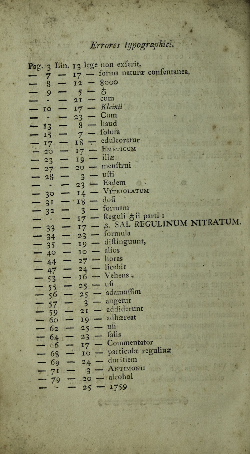 Pag. 3 Lin. — 7 — — IO — — 13 — — 15 — — 17 — — 2*0 — 23 — — 27 — — 28 — — 30 — — 31 — — 32 — — 33 — — 34 — — 35 — — 40 — — 44 — — 47 — — 53 — — 55 — 56 — 57 — 59 — 60 — 62 — 64 — 6 — 68 — 69 — 71 — 79 Errores fypographici. 13 lege 17 — 12 — 5 — 21 17 — 23 — 8 — 7 *- 18 -r- 17 — 19 — 20 — 3 — 23 — 14 •18 — 3 17 — 17 — 23 — 19 — 10 — 27 —■ 24 — 16 — • 25 — - 25 - - 3 - - 21 — - 19 - - 25 - - 23 - - 17 - - 10 - - 24 - - 3 “ - 20 j - 25 - non ex ferit. forma naturae confeiitanea, 8000 4 cum Kleinii / Cum haud foluta edulco ratui' Emeticum ilis menftrui ufti • Eadem ViTRIOLATUM doli formam Rea*uli A ii parti i n. “SAL REGULINUM NITRATUM. formula diftinguunt, alios horas licebit Vehens v uE . • adamiiflim augetur addiderunt adhsreat n . Ull . falis . Commentator - particuls regulinx - duritiem . Antimonii - alcohol - 1759