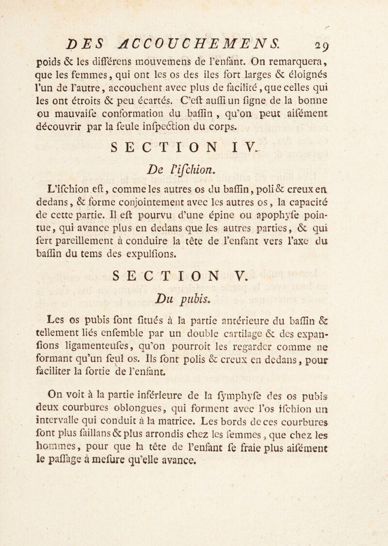 poids & les difFérens œouvemens de Fenfanr. On remarquera, que les femmes, qui ont les os des iles fort larges & éloignés l’un de Fautre, accouchent avec plus de facilité, que celles qui les ont étroits & peu écartés. C’efl: auffi un figne de la bonne ou mauvaife conformation du baffin , qu’on peut aifément découvrir par la feule infpeélion du corps. SECTION IV, De l'ifchion, L’ifchion eft, comme les autres os du baffin, poli & creux en dedans, & forme conjointement avec les autres os, la capacité de cette partie. Il efl: pourvu d’une épine ou apophyfe poin- tue, qui-avance plus en dedans que les autres parties, & qui fert pareillement à conduire la tête de l’enfant vers l’axe du baffin du tems des expulfions. SECTION V. Du pubis. Les os pubis font fitués à la partie antérieure du baffin & tellement liés enfemble par un double cartilage & des expan- fions ligamenteufes, qu’on pourroit les regarder comme ne formant qu’un feul os. Ils font polis & creux en dedans, pour faciliter la fortie de l’enfant. On voit à la partie inférieure de la I^’mphyfe des os pubis deux courbures oblongues, qui forment avec l’os ifehion un intervalle qui conduit à la matrice. Les bords de ces courbures font plus faillans&plus arrondis chez les femmes, que chez les hommes, pour que la tête de l’enfant fe fraie plus aifément le paflage à mefurc qu’elle avance.