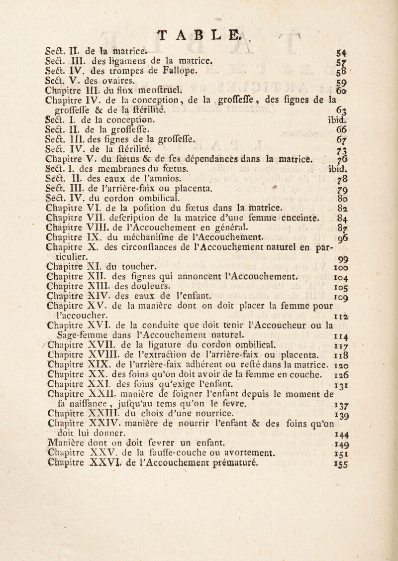 Sefh. III. des Ifgamens de la matrice. 57 Seft. IV. des trompes de Fallope. 58 Sedl. V. des ovaires. 59 Chapitre III. du flux menftrüel. ; 60 Chapitre IV. de la conception, de la ^groflefle, des figues de la groflefle & de la {lérîlité. 65 Seft. 1. de la conception. ibid. Seft. IL de la groflefle. 66 Seâ. IIL des lignes de la groflefle. 67 Seft. IV. de la ftérilité. 73 Chapitre V. du fœtus & de fes dépendances dans la matrice. 76 Seél. I. des membranes du fœtus. .. ibid, Seft. II. des eaux de famnios. 78 Seft. III. de Tarrière-faix ou placenta. ^ 79 Sé£l. IV. du cordon ombilical. ' 80 Chapitre VL de la pofition du fœtus dans la,matrice. 82 Chapitre VIL defcription de la matrice d^uiie femme enceinte. 84 Chapitre VIIL de l’Accouchement en général. * , 87 Chapitre IX. du méchanifme de l’Accouchement. Chapitre X, des circonftances de l’Accouchement naturel en par- ticulier. 99 Chapitre XL du toucher. - 100 Chapitre XII. des fignes qui annoncent l’Accouchement.’ 104 Chapitre XIII. des douleurs. 105 Chapitre XIV. des eaux de l’enfant. 109 Chapitre XV. de la manière dont on doit placer la femme pour Taccoucher. iia Chapitre XV1. de la conduite que doit tenir l’Accoucheur ou la Sage>femme dans l’Accouchement naturel. ' 114 /Chapitre XVII. de la ligature du cordon ombilical. 117 1 Chapitre XVIII. de Textraftion de Tarrière-faix ou placenta. 118 Chapitre XIX. de Tarrière-faix adhérent ou relié dans la matrice. lao Chapitre XX. des foins qu’on doit avoir de la femme en couche. 126 Chapitre XXL des foins qu’exige l’enfant. 131 Chapitre XXII. manière de foigner l’enfant depuis le moment de fa naiflance , jufqu’au tems qu’on le fevre. 137 Chapitre XXIIL du choix d’une nourrice. 139 Chapitre XXIV. manière de nourrir l’enfant & des foins qu’on ^ doit lui donner. 144 Manière dont on cîoit fevrer un enfant. 149 Chapitre XXV. de la fauflë-couche ou avortement. 151 Chapitre XXVL de l’Accouchement prématuré. 255