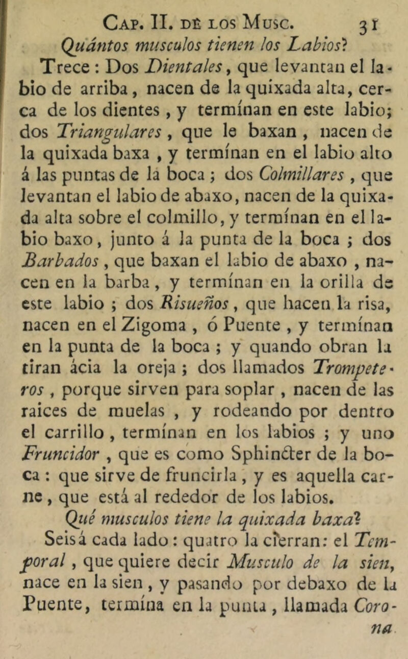 Quántos musculos tienen los Labios? Trece : Dos Diéntales, que levantan el la- bio de arriba, nacen de la quixada alta, cer- ca de los dientes, y terminan en este labio; dos Triangulares , que le baxan , nacen de la quixada baxa , y terminan en el labio alto á las puntas de la boca ; dos Colmillares , que levantan el labio de abaxo, nacen de la quixa- da alta sobre el colmillo, y terminan en el la- bio baxo, junto á la punta de la boca ; dos Barbados , que baxan el labio de abaxo , na- cen en la barba, y terminan en la orilla de este labio ; dos Risueños, que hacen la risa, nacen en el Zigoma , ó Puente , y terminan en la punta de la boca ; y quando obran la tiran acia la oreja ; dos llamados Trómpete- ros , porque sirven para soplar , nacen de las raíces de muelas , y rodeando por dentro el carrillo , terminan en los labios ; y uno Fruncidor , que es como Sphin&er de la bo- ca : que sirve de fruncirla , y es aquella car- ne , que está al rededor de los labios. Qué musculos tiene la quixada baxa’1. Seis4 cada lado : quatro la cierran: el Tem- poral , que quiere decir Músculo de la sieny nace en la sien , y pasando por debaxo de la Puente, termina en la puma , llamada Coro-