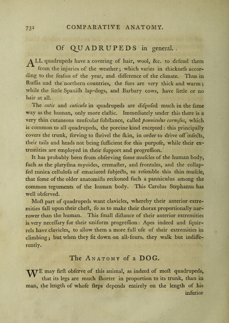 Of QUADRUPEDS in general.. quadrupeds have a covering of hair, wool, 8tc. to defend them from the injuries of the weather; which varies in thicknefs accor- ding to the feafon of the year, and difference of the climate. Thus in Ruflia and the northern countries, the furs are very thick and warm ; while the little Spanifh lap-dogs, and Barbary cows, have little or no hair at all. The cutis and cuticula in quadrupeds are difpofed much in the fame way as the human, only more elaftic. Immediately under this there is a very thin cutaneous mufcular fubftance, called patiniculus carnofus, which is common to all quadrupeds, the porcine kind excepted : this principally covers the trunk, ferving to fhrivel the fkin, in order to drive off infedts, their tails and heads not being fufhcient for this purpofe, while their ex- tremities are employed in their fupport and progreffion. It has probably been from obferving fome mufcles of the human body, fuch as the platyfma myoides, cremafter, and frontales, and the collap- fed tunica cellulofa of emaciated fubjedls, to refemble this thin mufcle, that fome of the older anatomifts reckoned fuch a panniculus among the common teguments of the human body. This Carolus Stephanus has well obferved. Moft part of quadrupeds want clavicles, whereby their anterior extre- mities fall upon their cheft, fo as to make their thorax proportionally nar- rower than the human. This fmall diftance of their anterior extremities is very neceffary for their uniform progreffion: Apes indeed and fquir- rels have clavicles, to allow them a more full ufe of their extremities in climbing \ but when they fit down on all-fours, they walk but indiffe- rently. The Anatomy of a DOG. WE may firfl obferve of this animal, as indeed of moft quadrupeds, that its legs are much fhorter in proportion to its trunk, than in man, the length of whofe Reps depends entirely on the length of his inferior