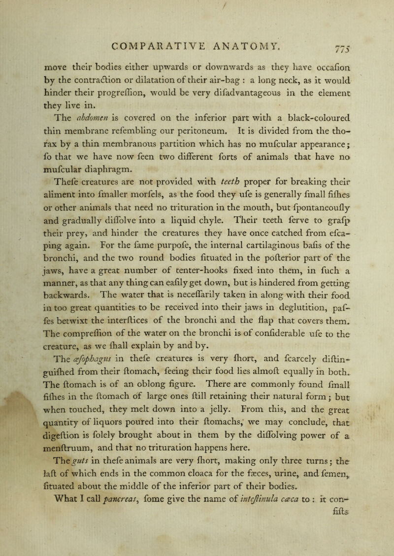 / /3 move their bodies either upwards or downwards as they have occafion by the contraction or dilatation of their air-bag : a long neck, as it would hinder their progreftion, would be very difadvantageous in the element they live in. The abdomen is covered on the inferior part with a black-coloured thin membrane refembling our peritoneum. It is divided from the tho- rax by a thin membranous partition which has no mufcular appearance; fo that we have now feen two different forts of animals that have no mufcular diaphragm. Thefe creatures are not provided with teeth proper for breaking their aliment into fmaller morfels, as the food they ufe is generally fmall fifties or other animals that need no trituration in the mouth, but fpontaneoufly and gradually diffolve into a liquid chyle. Their teeth ferve to grafp their prey, and hinder the creatures they have once catched from efca- ping again. For the fame purpofe, the internal cartilaginous bafis of the bronchi, and the two round bodies fituated in the pofterior part of the jaws, have a great number of tenter-hooks fixed into them, in filch a manner, as that any thing can eafilyget down, but is hindered from getting backwards. The water that is neceffarily taken in along with their food in too great quantities to be received into their jaws in deglutition, paf- fes betwixt the interftices of the bronchi and the flap that covers them. The compreffion of the water on the bronchi is of confiderable ufe to the creature, as we fhall explain by and by. The eefophagus in thefe creatures is very fliort, and fcarcely diftin- guifhed from their ftomach, feeing their food lies almoft equally in both. The ftomach is of an oblong figure. There are commonly found fmall fifties in the ftomach of large ones ftill retaining their natural form j but when touched, they melt down into a jelly. From this, and the great quantity of liquors poured into their ftomachs, we may conclude, that digeftion is folely brought about in them by the diffolving power of a menftruum, and that no trituration happens here. Th zguts in thefe animals are very fliort, making only three turns; the laft of which ends in the common cloaca for the fasces, urine, and femen, fituated about the middle of the inferior part of their bodies. What I call pancreas, fome give the name of intcJUnula caca to : it con- ftfts