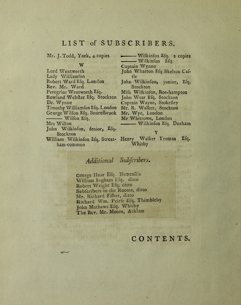 Mr. J.Todd, York, 4 copies W Lord Wentworth Lady Williamfon Robert WardEfq. London Rev. Mr. Ward Peregrine Wentworth Efq. Rowland Webfter Efq. Stockton Dr. Wynne Timothy Williamfon Efq. London George Wilfon Efq. Snarefbrook Wilfon Efq. Mrs Willon John Wilkinfon, fenior, Efq. Stockton William Wilkinfon Efq. Streat- ham-common —Wilkinfon Efq. 2 copies ——Wilkinfon Efq. Captain Wynne John Wharton Efq. Skelton Caf- tle John Wilkinfon, junior, Efq. Stockton Mifs Wilkinfon, Roe-hampton John Wear Efq. Stockton Captain Wayne, Stokefley Mr. R. Walker, Stockton Mr. Wye, London Mr Whitrowe, London Wilkinfon Efq. Durham Y Henry Walker Yeoman Efq.. Whitby Additional Suhfcribers. George Hoar Efq. Newcaftlc William Ingham Efq. ditto Robert Wright Efq. ditto Snbfcribers to the Rooms, ditto Mr. Richard Filher, ditto Richard Wm. Peirfe Efq. Thimblcby John Mathews Efq. Whitby The Rev. Mr. Moore, Acklam CONTENTS