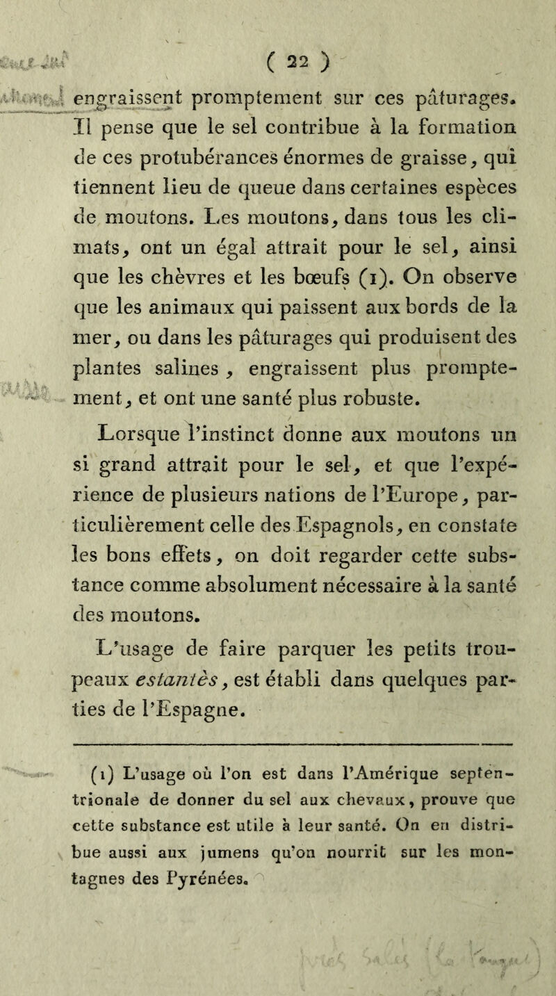 engraissent promptement sur ces pâturages. Il pense que le sel contribue à la formation de ces protubérances énormes de graisse, qui tiennent lieu de queue dans certaines espèces de moutons. Les moutons, dans tous les cli- mats, ont un égal attrait pour le sel, ainsi que les chèvres et les bœufs (i). On observe que les animaux qui paissent aux bords de la mer, ou dans les pâturages qui produisent des plantes salines , engraissent plus prompte- - ment, et ont une santé plus robuste. Lorsque l’instinct donne aux moutons un si grand attrait pour le sel, et que l’expé- rience de plusieurs nations de l’Europe, par- ticulièrement celle des Espagnols, en constate les bons effets, on doit regarder cette subs- tance comme absolument nécessaire à la santé des moutons. L’usage de faire parquer les petits trou- peaux estantès, est établi dans quelques par- ties de l’Espagne. (i) L’usage où l’on est dans l’Amérique septen- trionale de donner du sel aux chevaux, prouve que cette substance est utile à leur santé. On en distri- bue aussi aux jumens qu’on nourrit sur les mon- tagnes des Pyrénées.