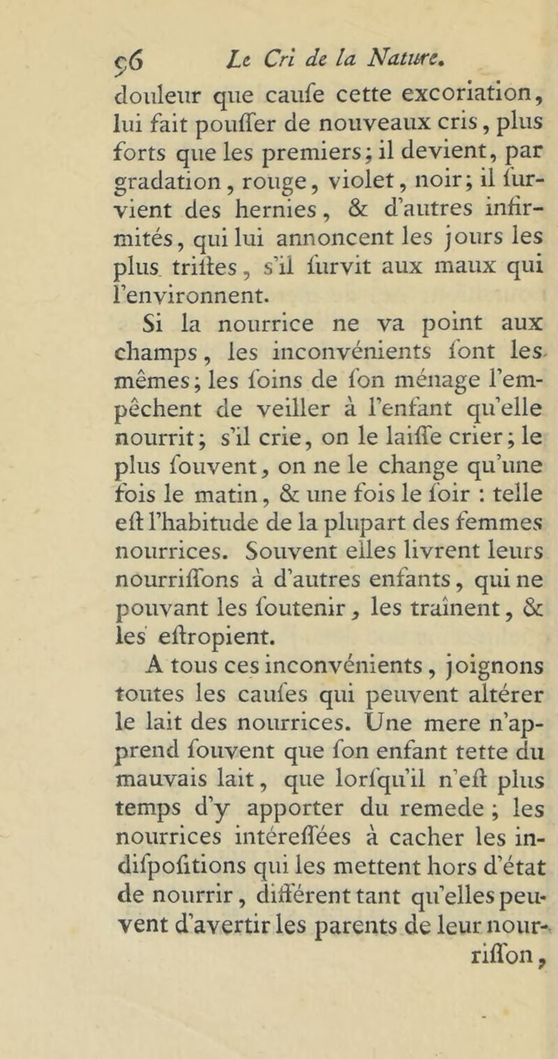 douleur que caufe cette excoriation, lui fait pouffer de nouveaux cris, plus forts que les premiers; il devient, par gradation , rouge, violet, noir ; il Sur- vient des hernies, & d’autres infir- mités, qui lui annoncent les jours les plus trilles, s’il l'urvit aux maux qui l’environnent. Si la nourrice ne va point aux champs, les inconvénients lont les mêmes ; les foins de l'on ménage l’em- pêchent de veiller à l’enfant quelle nourrit ; s’il crie, on le laiffe crier ; le plus fouvent, on ne le change qu’une fois le matin, & une fois le loir : telle efl l’habitude de la plupart des femmes nourrices. Souvent elles livrent leurs nourrilfons à d’autres enfants, qui ne pouvant les foutenir, les traînent, & les ellropient. A tous ces inconvénients , joignons toutes les caufes qui peuvent altérer le lait des nourrices. Une mere n’ap- prend fouvent que fon enfant tette du mauvais lait, que lorfqu’il n’efl plus temps d’y apporter du remede ; les nourrices intéreffées à cacher les in- diipofitions qui les mettent hors d’état de nourrir, différent tant quelles peu- vent d’avertir les parents de leur nour- riffon,