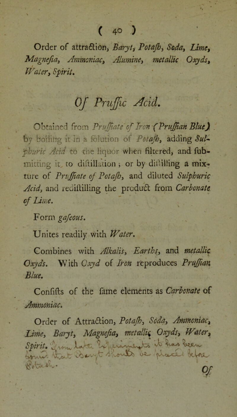 Order of attra&ion, Baryt, Potajh, Soda, Lime, Magne/ia, Ammoniac, Alumine, metallic Oxyds, Water, Sprit. Of Prufic Acid. Obtained from Prujfiate' of Iron (Pruffian Blue) by boding it in ,h folution of Potajh, adding Sul- phuric Acid to the liquor when filtered, and fub- mitting it, to diftillation ; or by diddling a mix- ture of Pn.Jfiate of Potajh, and diluted Sulphuric Acid, and rediftilling the predudt from Carbonate of Lime. Form gafeous. Unites readily with Water. Combines with Alkalis, Earths, and metallic Oxyds. With Cxyd of Iron reproduces Pruffian Blue. Confifts of the fame elements as Carbonate of Ammoniac. Order of Attra&ion, Potajh, Soda, Ammoniac, Lime, Baryt, Magnefia, metallic Oxyds, Water, Spirit. 2- v^w JLM 'Vl f W nr