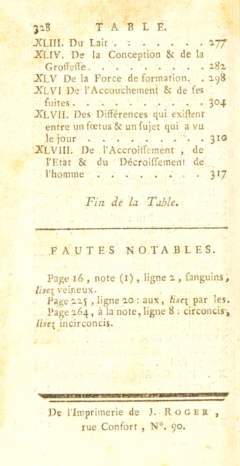 jaB T A B L E. XLIII. Du- Lait . XLIV. De la Conceptiori & de la Groliene 2.8z JTLV De la Force de formation. . 2.98 XLVI De rAccouchement & de fes fuites XLVIL Des Differences qui exiftent entre un foetus & un (ujet qui a vu le joLir . 310 XLVIII. De rAccroilTement , de TEtat & du Decroiffement de 1’homiiie 317 Fin de la Table. FAUTES NOTABLES. Page 16 , note (i) , ligne a , fangulns, Use\ veineux. Page ,2.2,5 , ligne ao ; aux, lise\ par les. Page 264, k Ia note, ligne 8 ; circonciy, lise[ incirconcis. De l’Iniprimerie de 3. R o G E R rue Confort , N®. 90. 9