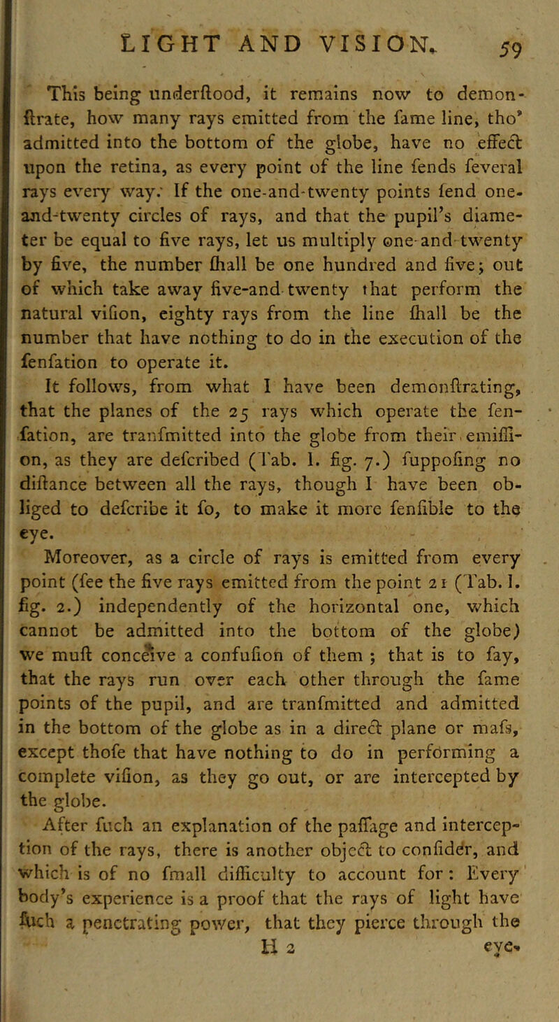 This being underftood, it remains now to demon- ftrate, how many rays emitted from the fame line, tho* admitted into the bottom of the globe, have no effect upon the retina, as every point of the line fends feveral rays every way: If the one-and-twenty points lend one- and^ twenty circles of rays, and that the pupil’s diame- ter be equal to five rays, let us multiply one and twenty by five, the number Avail be one hundred and five; out of which take away five-and twenty that perform the natural vifion, eighty rays from the line lhall be the number that have nothing to do in the execution of the fenfation to operate it. It follows, from what I have been demonftrating, that the planes of the 25 rays which operate the fen- fation, are tranfmitted into the globe from their emilli- on, as they are defcribed (Tab. 1. fig. 7.) fuppofing no diftance between all the rays, though I have been ob- liged to defcribe it fo, to make it more fenfible to the eye. Moreover, as a circle of rays is emitted from every point (fee the five rays emitted from the point 21 (Tab. 1. fig. 2.) independently of the horizontal one, which cannot be admitted into the bottom of the globe) vve muff conceive a confufion of them ; that is to fay, that the rays run over each other through the fame points of the pupil, and are tranfmitted and admitted in the bottom of the globe as in a direct plane or mafs, except thofe that have nothing to do in performing a complete vifion, as they go out, or are intercepted by the globe. After fuch an explanation of the pafiage and intercep- tion of the rays, there is another object to confider, and which is of no fmall difficulty to account for : Every body’s experience is a proof that the rays of light have fuch a penetrating power, that they pierce through the H a eve-.