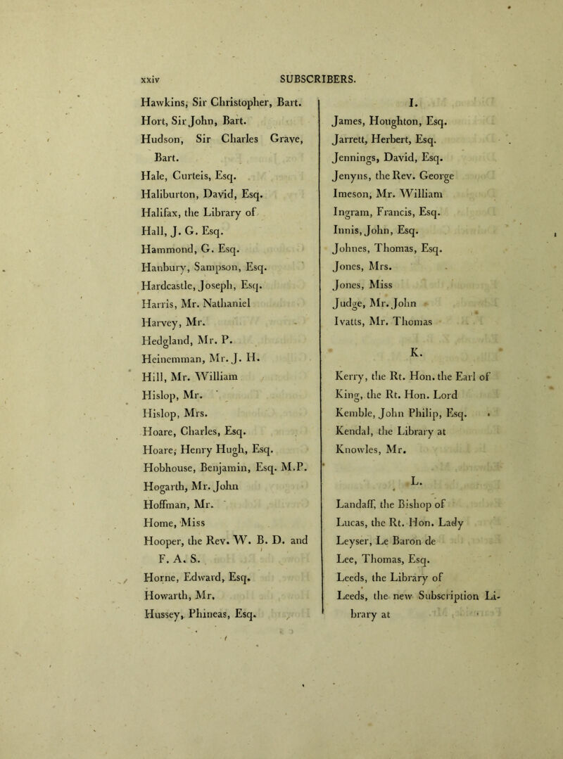 Hawkins, Sir Christopher, Bart. Hort, Sir John, Bart. Hud son, Sir Charles Grave, Bart. Hale, Curteis, Esq. Haliburton, David, Esq. Halifax, the Library of Hall, J.G. Esq. Hammond, G. Esq. Hanbury, Sampson, Esq. Hardcastle, Joseph, Esq. Harris, Mr. Nathaniel Harvey, Mr. Hedgland, Mr. P. Heinemman, Mr. J. H. Hill, Mr. William Hi slop, Mr. Hislop, Mrs. Hoare, Charles, Esq. Hoarej Henry Hugh, Esq. Hobhouse, Benjamin, Esq. M.P. Hogarth, Mr. John Hoffman, Mr. Home, Miss Hooper, the Rev. W. B. D. and F. A. S. Horne, Edward, Esq. Howarth, Mr, Hussey, Phineas, Esq. I. James, Houghton, Esq. Jarrett, Herbert, Esq. Jennings, David, Esq. Jenyns, the Rev. George Imeson, Mr. William Ingram, Francis, Esq. Innis, John, Esq. Johnes, Thomas, Esq. Jones, Mrs. Jones, Miss Judge, Mr. John Ivatts, Mr. Thomas K. Kerry, the Rt. Hon. the Earl of King, the Rt. Hon. Lord Kemble, John Philip, Esq. • Kendal, the Library at Knowles, Mr. L. Landaff, the Bishop of Lucas, the Rt. Hon. Lady Leyser, Le Baron de Lee, Thomas, Esq. Leeds, the Library of Leeds, the new Subscription Li brary at