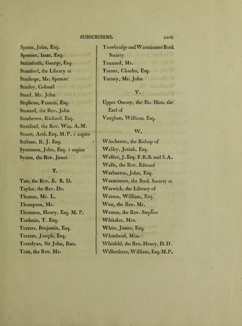 Spann, John, Esq. Spooner, Isaac, Esq. Stainsforth, George, Esq. Stamford, the Library at Stanhope, Mr. Spencer Stanley, Colonel Stead, Mr. John Stephens, Francis, Esq. Stonard, the Rev. John Stonhewer, Richard, Esq. Stratford, the Rev. Wm. A.M. Stuart, And. Esq. M.P. 3 copies Sulivan, R. J. Esq. Symmons, John, Esq. 3 copies Symes, the Rev. James T. Tate, the Rev. B. B. D. Taylor, the Rev. Dr. Thomas, Mr. L. Thompson, Mr. Thornton, Henry, Esq. M. P. Toulmin, T. Esq. Travers, Benjamin, Esq. Travers, Joseph, Esq. Trevelyan, Sir John, Bart. Trist, the Rev. Mr. Trowbridge and Warminster Book Society Tunnard, Mr. Turner, Charles, Esq. Turney,'Mr. John V. Upper Ossory, the Rt. Hon. the Earl of Vaughan, William, Esq. W. Winchester, the Bishop of Walley, Josiali, Esq. Walker, J. Esq. F.R.S. and S.A. Walls, the Rev. Edward Warburton, John, Esq. Warmintser, the Book Society at Warwick, the Library of Watson, William, Esq. West, the Rev. Mr. Weston, the Rev. Stephen Whitaker, Mrs. White, James, Esq, Whitehead, Miss Whitfeld, the Rev. Henry, D. D. Wilberforce, William, Esq. M.P.