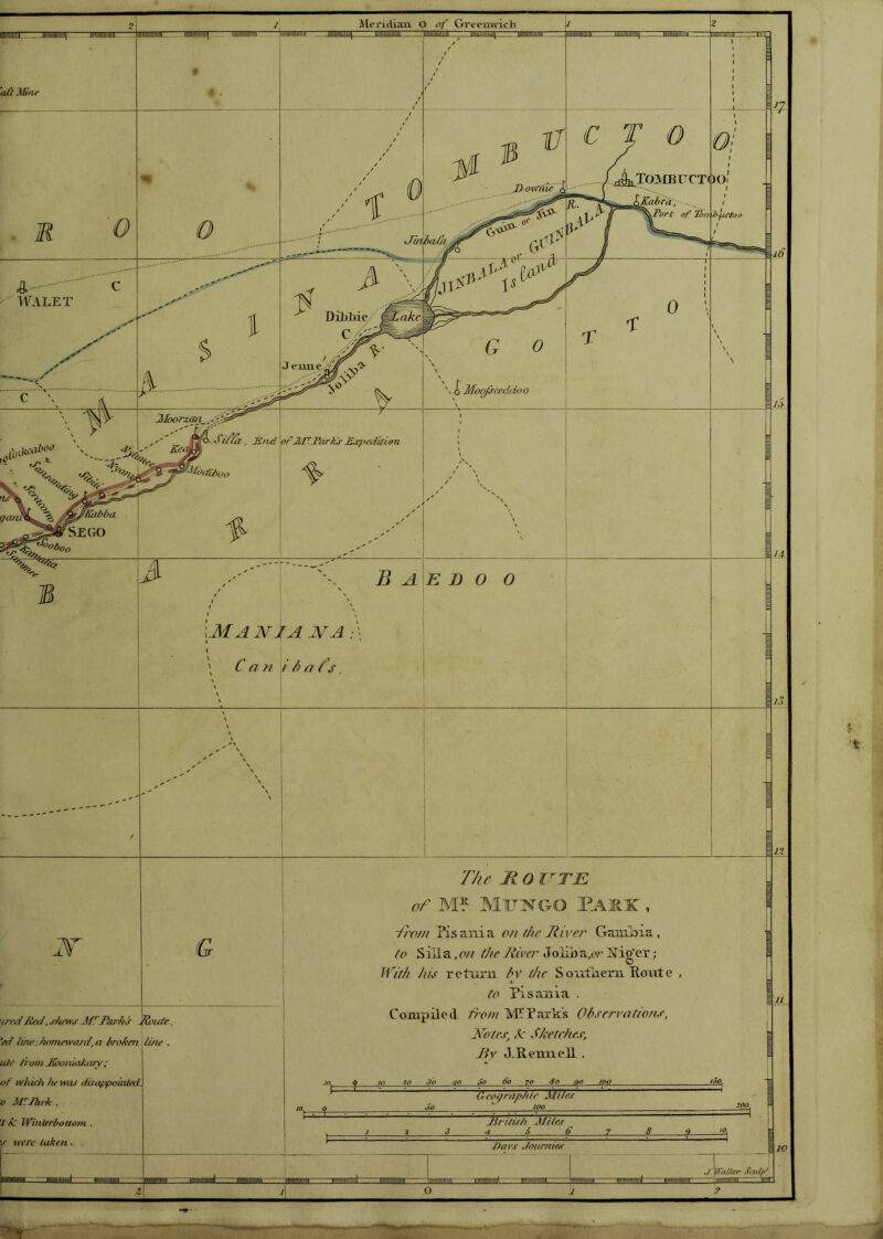tred died, shms JUTParks Route. !'ed line: homeward, a broken line , ute from TEbotuakary ; of which he was disappointed, o M'.Jhrl . 'td Winterbottom . v were taken . . The Ji O lTTE of Mf MtTNGO Park , Trout Pis am a on the River Gambia, to S i il a, on the River Jolib a,or IN'ig' ex ; With hia return, by the Soxrfhem Route to Pisama . Compiled from MV Park’s Observations, Rotes, k Sketches, Ry J.ReimelL . to 20 SO 40 So 60 7 o So QO IQO Geographic Miles Jo 100 Jiritish Mites 2 3 ± £_ £ z 8 Days dotirnies !!;|l  mu - HMMninrt O