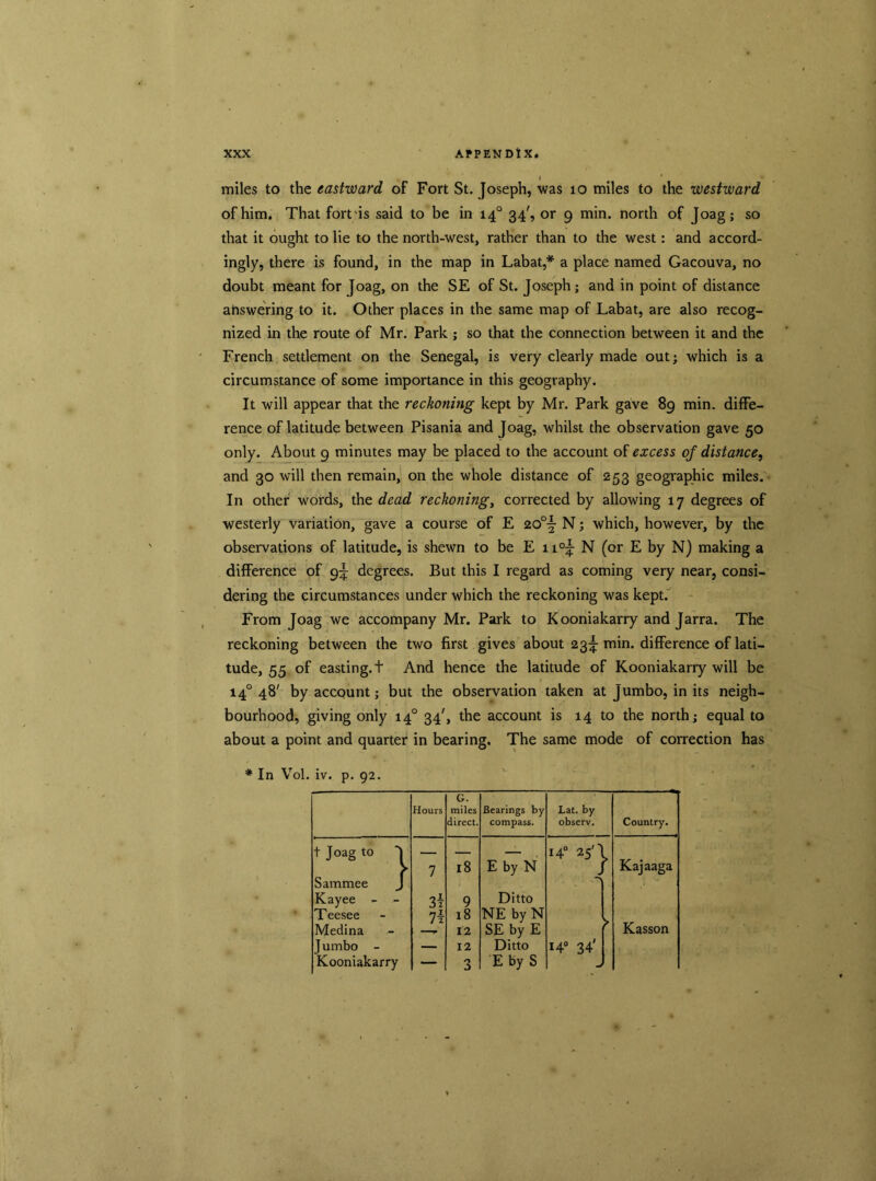 miles to the eastward of Fort St. Joseph, was 10 miles to the westward of him. That fortis said to be in 14° 34', or 9 min. north of Joag; so that it ought to lie to the north-west, rather than to the west: and accord- ingly, there is found, in the map in Labat,* a place named Gacouva, no doubt meant for Joag, on the SE of St. Joseph ; and in point of distance ahswering to it. Other places in the same map of Labat, are also recog- nized in the route of Mr. Park ; so that the connection between it and the French settlement on the Senegal, is very clearly made out; which is a circumstance of some importance in this geography. It will appear that the reckoning kept by Mr. Park gave 89 min. diffe- rence of latitude between Pisania and Joag, whilst the observation gave 50 only. About 9 minutes may be placed to the account of excess of distance, and 30 will then remain, on the whole distance of 253 geographic miles. In other words, the dead reckoning, corrected by allowing 17 degrees of westerly variation, gave a course of E 20°|- N; which, however, by the observations of latitude, is shewn to be E n°£ N (or E by N) making a difference of 9J; degrees. But this I regard as coming very near, consi- dering the circumstances under which the reckoning was kept. From Joag we accompany Mr. Park to Kooniakarry and Jarra. The reckoning between the two first gives about 23^ min. difference of lati- tude, 55 of easting, t And hence the latitude of Kooniakarry will be 140 48' by account; but the observation taken at Jumbo, in its neigh- bourhood, giving only 140 34', the account is 14 to the north; equal to about a point and quarter in bearing. The same mode of correction has * In Vol. iv. p. 92. Hours G. miles direct. Bearings by compass. Lat. by observ. Country. t Joag to J — — 14° 25' 'l > 7 18 E by N J Kajaaga Sammee J ■ Kayee - - 3f 9 Ditto Teesee 7t 18 NE by N Medina 12 SE by E r Kasson Jumbo - — 12 Ditto 14° 34' Kooniakarry — 3 E by S