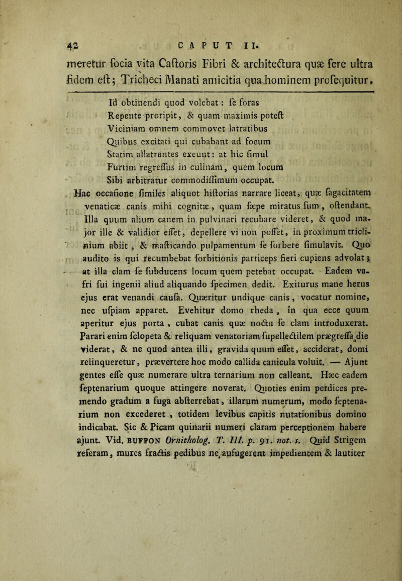 meretur focia vita Caftoris Fibri & architectura quae fere ultra fidem eft; Tricheci Manati amicitia qua liominem profequitur. Id obtinendi quod volebat: fe foras Repente proripit, & quam maximis potefi: Viciniam omnem commovet latratibus Quibus excitati qui cubabant ad foeum Statim allatrantes exeunt: at hic fimul Furtim regreifus in culinam, quem locum Sibi arbitratur commodiilimum occupat. Hac occatione fimiles aliquot hiftorias narrare liceat, quae fagacitatem venaticae canis mihi cognitae, quam faepe miratus fum , oftendant. Illa quum alium canem in pulvinari recubare videret, & quod ma- jor ille & validior eiTet, depellere vi non pollet, in proximum tricli- nium abiit , & mallicando pulpamentum fe forbere fimulavit. Quo audito is qui recumbebat forbitionis particeps fieri cupiens advolat; at illa clam fe fubducens locum quem petebat occupat. Eadem va- fri fui ingenii aliud aliquando fpecimen dedit. Exiturus mane herus ejus erat venandi caufa. Quaeritur undique canis, vocatur nomine, nec ufpiam apparet. Evehitur domo rheda , in qua ecce quum aperitur ejus porta , cubat canis quae nodlu fe clam introduxerat. Parari enim fclopeta & reliquam venatoriam fupelledtilem praegrelfa^die viderat, & ne quod antea illi, gravida quum eiTet, acciderat, domi relinqueretur, praevertere hoc modo callida canicula voluit. —Ajunt gentes efle quae numerare ultra ternarium non calleant. Haec eadem feptcnarium quoque attingere noverat. Quoties enim perdices pre- mendo gradum a fuga abfterrebat, illarum numerum, modo feptena- rium non excederet , totidem levibus capitis nutationibus domino indicabat. Sic & Picam quinarii numeri claram perceptionem habere ajunt. Vid. buffon Ornitholog. T. III. p. 91. not. s. Quid Strigem referam, mures fra&is pedibus ne,aufugerent impedientem & lautiter