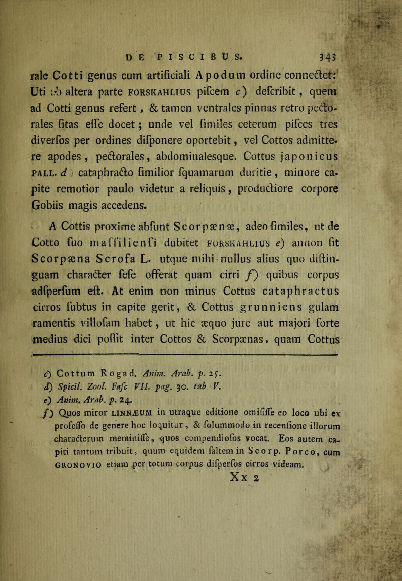 rale Cotti genus cum artificiali Apodum ordine connedet: Uti ub altera parte forskahlius pifcem c) defcribit, quem ad Cotti genus refert, & tamen ventrales pinnas retro pero- rales fitas elfe docet; unde vel fimiles ceterum pifces tres diverfos per ordines difponere oportebit, vel Cottos admitte- re apodes , pectorales, abdominalesque. Cottus japonicus pall. d) cataphrado fimilior fqnamarum duritie, minore ca- pite remotior paulo videtur a reliquis, productiore corpore Gobiis magis accedens. A Cottis proxime abfunt Scorpa?nas, adeo fimiles, ut de Cotto fuo maffilienfi dubitet forskahlius e) an non fit Scorpasna Scrofa L. utque mihi nullus alius quo diftin- guam charader fefe offerat quam cirri /) quibus corpus adfperfum eft. At enim non minus Cottus cataphractus cirros fubtus in capite gerit, & Cottus grunniens gulam ramentis villofam habet, ut hic aequo jure aut majori forte medius dici pofiit inter Cottos & Scorpaenas, quam Cottus c) Cottum Rogad. Anim. Arab. p.zf. J) Spicii. Zool. Fafc. VII. pag. 30. tab V. e) Anim. Arab. p. 24. /) Quos miror linn^um in utraque editione omifiiTe eo loco ubi ex proferto de genere hoc loquitur , & folummodo in recenfione illorum chara&erum memini (Te, quos compendiofos vocat. Eos autem ca- piti tantum tribuit, quum equidem faItem in Scorp. Porco, cum gronovio etiam per totum corpus difperfos cirros videam. Xx 2