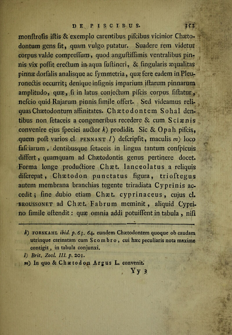 monflrofis iftis & exemplo carentibus pifcibus vicinior Chaeto- dontum gens fit, quam vulgo putatur. Suadere rem videtur corpus valde comprelfum, quod anguftiflimis ventralibus pin- nis vix polfit eredum in-aqua fuflineri, & fingularis aequalitas pinnas dorfalis analisque ac fymmetria, quas fere eadem inPleu- ronedis occurrit; denique infignis imparium illarum pinnarum amplitudo, quse, fi in latus conjedum pifcis corpus lillatur, nefcio quid Rajarum pinnis fimile offert. Sed videamus reli- quas Chaetodontum affinitates. Chastodontem Sohal den- tibus non fetaceis a congeneribus recedere & cum Sciasnis convenire ejus fpeciei audor k) prodidit. Sic & Opah pifcis, quem pofl varios cl pennant /) defcripfit, maculis m) loco fafciarum , dentibusque fetaceis in lingua tantum confpicuis differt, quamquam ad Chaetodontis genus pertinere docet. Forma longe produdiore Chast. lanceolatus a reliquis difcrepat, Chastodon punctatus figura, trioftegus autem membrana branchias tegente triradiata Cyprinis ac- cedit; fine dubio etiam Chast. cyprinaceus, cujus cl. broussonet ad Chaet. Fabrum meminit, aliquid Cypri- no fimile oflendit: quas omnia addi potuiffent in tabula , nifx k) forskahl ibid. p. 63. 64. eundem Chsetodontem quoque ob caudam utrinque carinatam cum Scombro, cui haec peculiaris nota maxime contigit, in tabula conjunxi. l) Brit. Zool. 111. p. 20i. jw) In quo & Chaetodon Argus L, convenit. , Yy i