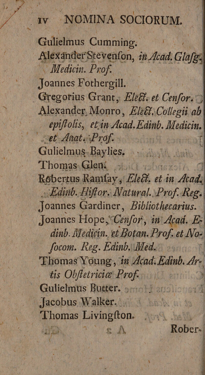 P d dv | NOMINA SOCIORUM. | | iGulilihus Cumming. ; - AlexánderStevenfon, in Acad. .Glofig i - eMedicin. Prof... | | Joannes Fothergill. . IN - Gregorius Grant; Elf; et Cenfor. 3 D Alexander, Monro, E/r£.. Collegii ab 00 0. plffolis, etin Acad. Edinb. Madicina cet ZInats 3Praf. fj PORTER BiRR vagos Wy gri : Thomas Ken. *. dinh. Hiftor; soia Mif fg. | | joannes Gardiner, Bibliothecarius. | - Joannes Hope; «Cenfor, in Acad. E dinb. lMedicin.. et Botan. Prof. et Io focom. Reg. Edinbs Med. | Thomas Young, iu Acad. Ediub. 4r. »« tis Obfletriciar Heo nilo ! Gulielmus Buiier. smotiu ^dacobusMalitér. i4 eode. uo | fEhomas Livingfton. 2053. sy | Ab A UN bou fe A, | Rober. ^ TJ ,