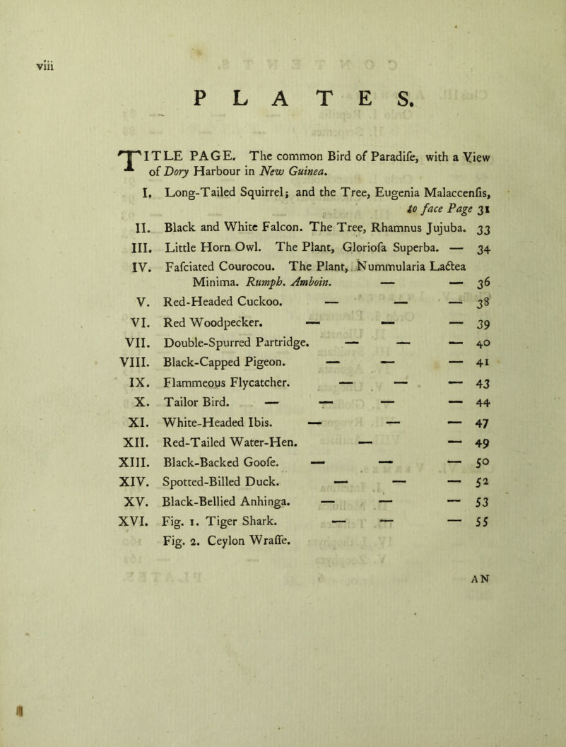 PLATES. HPITLE PAGE. The common Bird of Paradife, with a View of Dory Harbour in New Guinea. I. Long-Tailed Squirrel; and the Tree, Eugenia Malaccenfis, to face Page 31 11. Black and White Falcon. The Tree, Rhamnus Jujuba. 33 III. Little Horn Owl. The Plant, Gloriofa Superba. — 34 IY. Fafciated Courocou. The Plant, Nummularia Ladea Minima. Rumph. Amboin. — — 36 V. Red-Headed Cuckoo. — — — 33 VI. Red Woodpecker. — — — 39 VII. Double-Spurred Partridge. — — — 40 VIII. Black-Capped Pigeon. — — — 41 IX. Flammeous Flycatcher. — — — 43 X. Tailor Bird. — — — — 44 XI. White-Headed Ibis. — — — 47 XII. Red-Tailed Water-Hen. —* — 49 XIII. Black-Backed Goofe. — — — So XIV. Spotted-Billed Duck. —* — — 52 XV. Black-Bellied Anhinga. — — — 53 XVI. Fig. 1. Tiger Shark. — *■— — 55 Fig. 2. Ceylon Wrafife. AN *