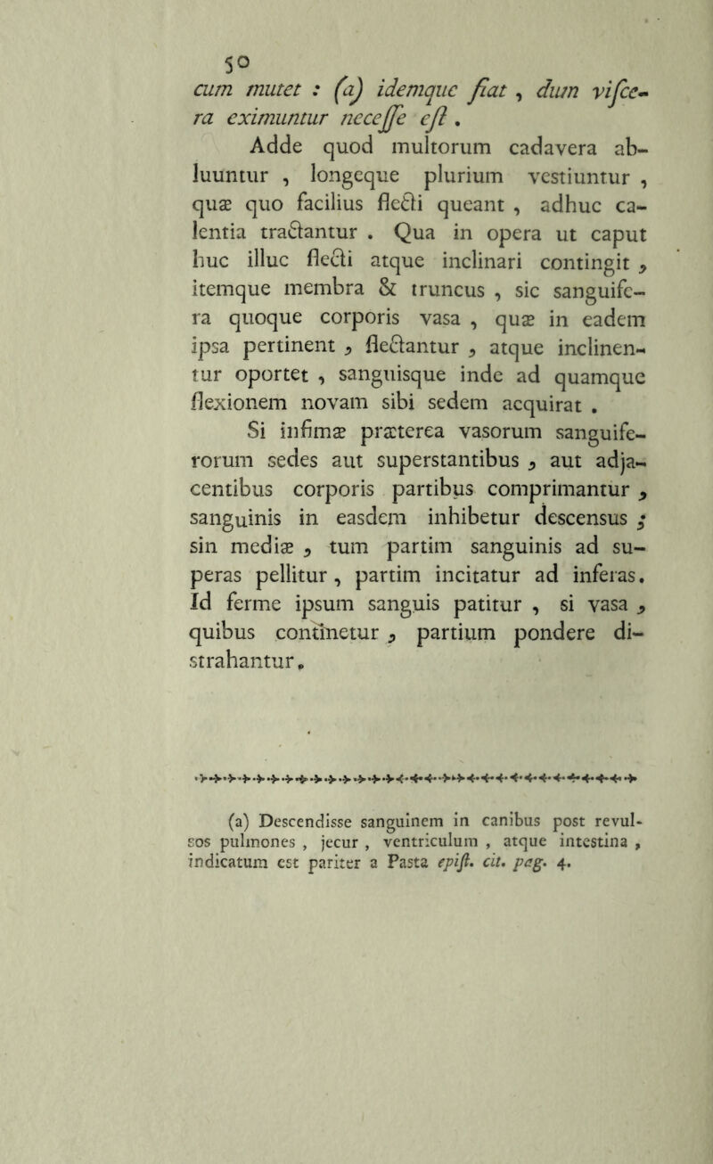 cum mutet : faj idemquc fiat , dum vifcc- ra eximuntur necejje eft . Adde quod multorum cadavera ab- luuntur , longeque plurium vestiuntur , quae quo facilius fkdi queant , adhuc ca- lentia tradantur . Qua in opera ut caput huc illuc fiedi atque inclinari contingit > itemque membra & truncus , sic sanguife- ra quoque corporis vasa , qua? in eadem ipsa pertinent * fiedantur , atque inclinen- tur oportet , sanguisque inde ad quamque flexionem novam sibi sedem acquirat . Si infimae praeterea vasorum sanguife- rorum sedes aut superstantibus 5 aut adja- centibus corporis partibus comprimamur * sanguinis in easdem inhibetur descensus ; sin medis * tum partim sanguinis ad su- peras pellitur, partim incitatur ad inferas. Id ferme ipsum sanguis patitur , si vasa , quibus continetur p partium pondere di- strahantur * (a) Descendisse sanguinem in canibus post revul- sos pulmones , jecur , ventriculum , atque intestina , indicatum est pariter a Pasta epifi. cit. pcg. 4.