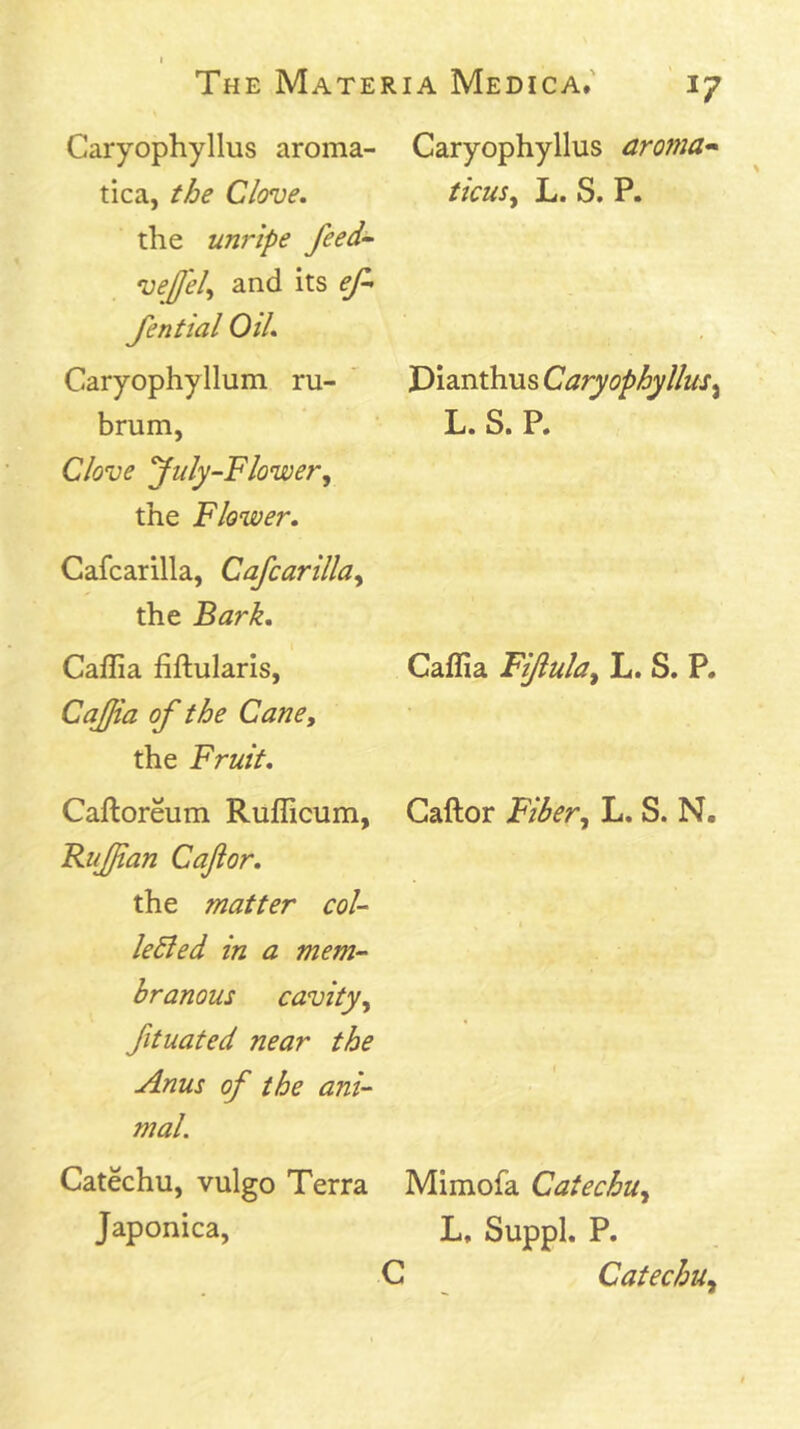 Caryophyllus aroma- tica, the Clove, the unripe feed- velJel^ and its ef fential Oil, Caryophyilum ru- brum, Clove yuly-Flower, the Flower. Cafcarilla, Cafcarilla^ the Bark, Caffia fiftularis, Cajjia of the Cane, the Fruit. Caftoreum Ruflicum, Ruffian Caftor. the matter col- ledled in a mem- branous cavity, fituated near the Anus of the ani- mal. Catechu, vulgo Terra Japonica, 17 Caryophyllus aroma- ticus, L. S. P. Dianthus Caryophyllus^ L. S. P. Caffia Fifula, L. S. P. Caftor Fiber, L. S. N. Mimofa Catechu, L, Suppl. P. C Catechu,