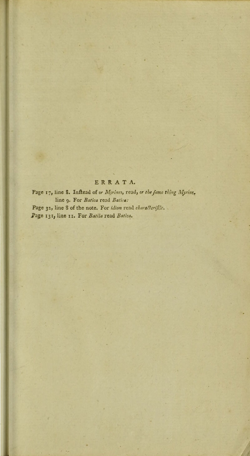 ERRATA. Page 17, line 8. InfteaJ of or Afyn'nes, read, or the fame thing Marine, line 9. For Batica read Batica: Page 3’, line 8 of the note. For idiom read chara^erijllc,