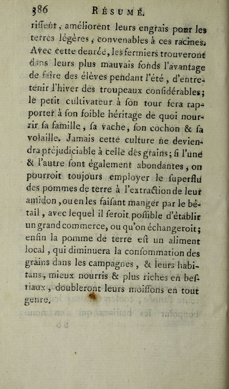 nffent, améliorent leurs engrais poor les terres légères, convenables à ces racines. Avec cette denrée, les fermiers trouveront; o.‘ -s leurs plus mauvais fonds l’avantage de faire des élèves pendant 1 été , d entrer tenir l’hiver des troupeaux confidérables; lé petit cultivateur à Ion tour fera rap- porter à fon foible héritage de quoi nour- rir fa famille, fa vache, fon cochon & fa volaille. Jamais cette culture ne deviens drapréjudiciable à celle dès grains; fi 1W & l’autre font également abondantes , on pourroit toujours employer le fuperflii des pommes de terre à l’extrafîionde leur amidon, ou en les failant manger par le bé- tail , avec lequel il feroit pofiible d’établir un grand commerce, ou qu’on échangerait ; enfin la pomme de terre efi un aliment local, qui diminuera la confommation des grains dans les campagnes , & leurs habi- ts, mieux nourris & plus riches en bef- tiaüx , doubleront leurs moiffons en tout genre.